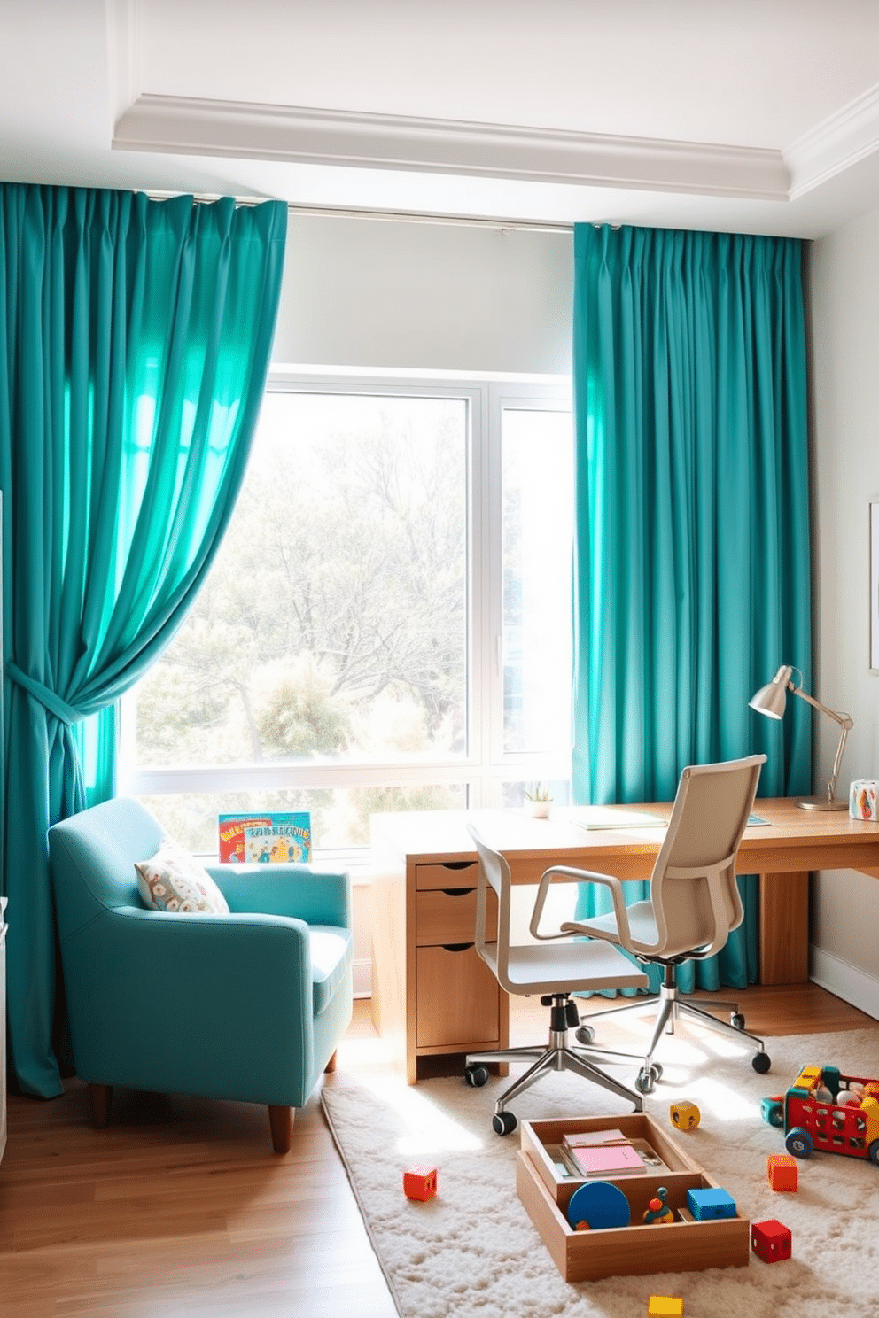 Bright curtains in a vibrant teal hue frame a large window, allowing natural light to flood the room. The curtains are complemented by a cozy reading nook featuring a plush armchair and a small bookshelf filled with colorful children's books. The home office area is designed with a sleek, modern desk made of light wood, paired with a comfortable ergonomic chair. Adjacent to the desk, a playful area with a soft rug and various toys creates an inviting space for children to play while parents work.