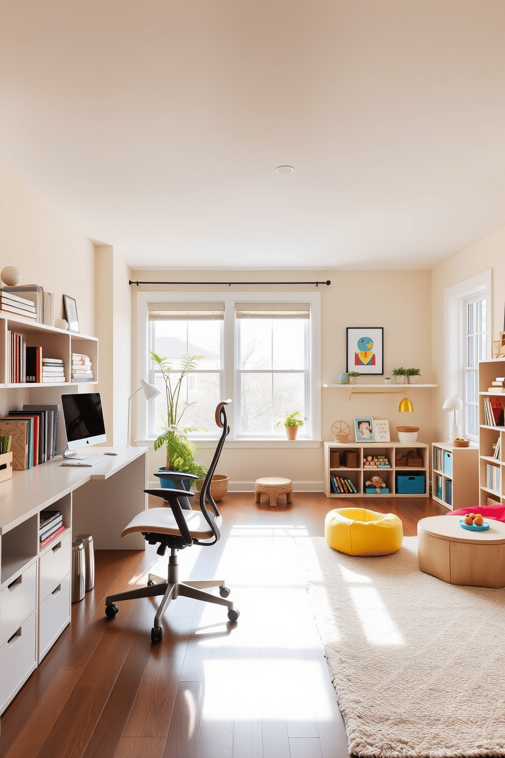 A serene home office and playroom combo that encourages focus and creativity. The workspace features a sleek, minimalist desk with a comfortable ergonomic chair, surrounded by shelves filled with books and inspiring decor. To the side, the playroom area is vibrant and inviting, with a soft area rug and playful furniture, including a small table and colorful bean bags. Natural light floods the space through large windows, enhancing the warm color palette of soft blues and yellows, creating an ideal tech-free zone for both productivity and play.