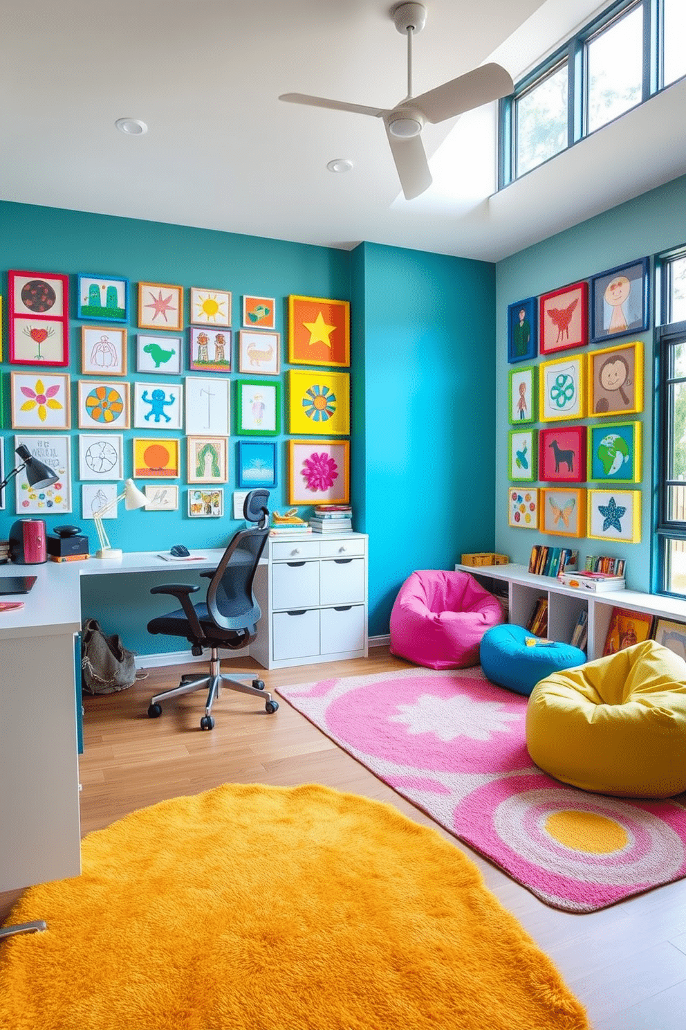 A vibrant home office and playroom combo designed for creativity and productivity. The space features a large, colorful gallery wall showcasing children's artwork, framed in playful colors that inspire imagination. To the left, a sleek desk with a modern ergonomic chair provides a functional workspace, while a cozy reading nook with bean bags and shelves filled with books invites relaxation. Bright, cheerful rugs define the play area, and large windows allow natural light to flood the room, enhancing the lively atmosphere.