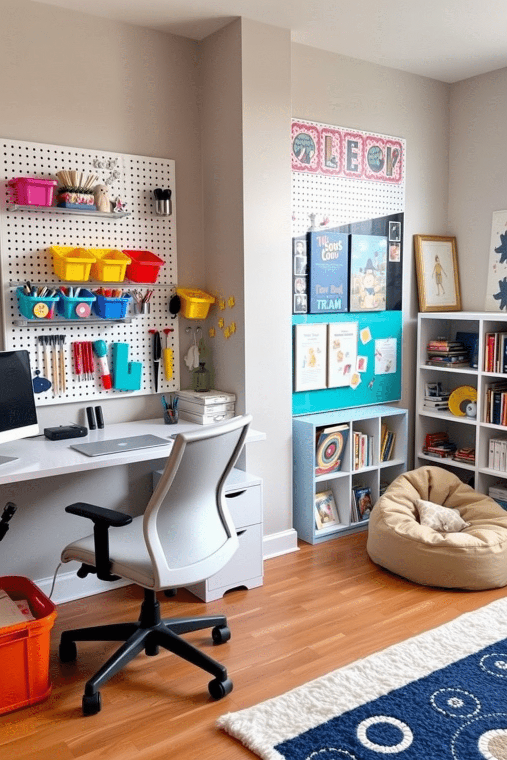 A stylish home office and playroom combo featuring a large pegboard mounted on the wall, neatly organized with colorful bins and hooks for supplies. The workspace includes a sleek desk with a comfortable ergonomic chair, while the play area is adorned with a soft rug and playful wall art to inspire creativity. In one corner, a cozy reading nook with a plush bean bag chair invites relaxation, surrounded by shelves filled with books and toys. Bright, cheerful colors dominate the space, with natural light streaming in from a large window, creating an inviting atmosphere for both work and play.