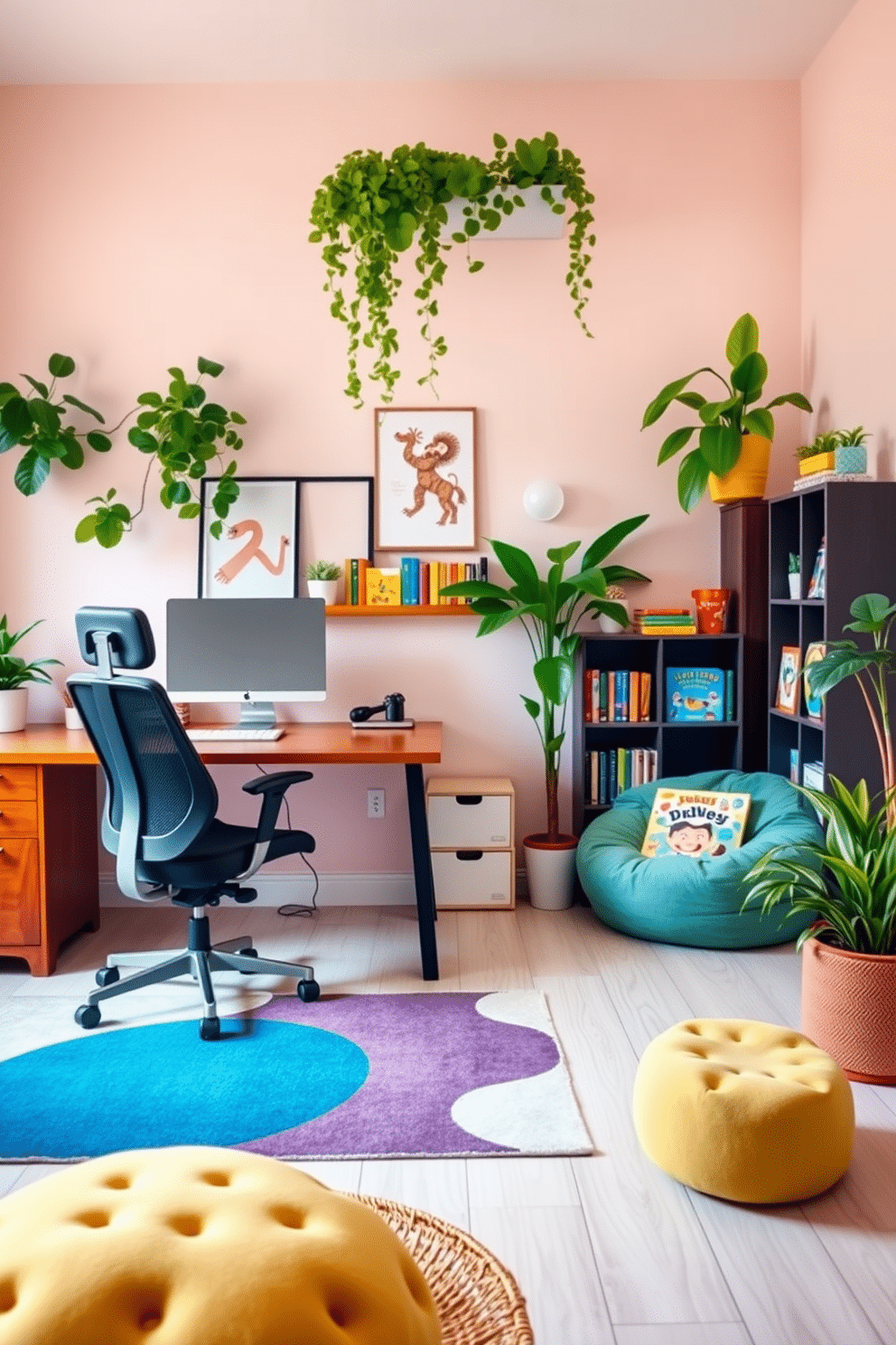 A vibrant home office and playroom combo that seamlessly blends productivity and fun. The space features a sleek wooden desk with a comfortable ergonomic chair, surrounded by lush potted plants that bring a fresh atmosphere. In one corner, a cozy reading nook is created with a plush bean bag and a small bookshelf filled with colorful children's books. The walls are painted in a soft pastel hue, and a playful rug adds warmth and texture to the floor.