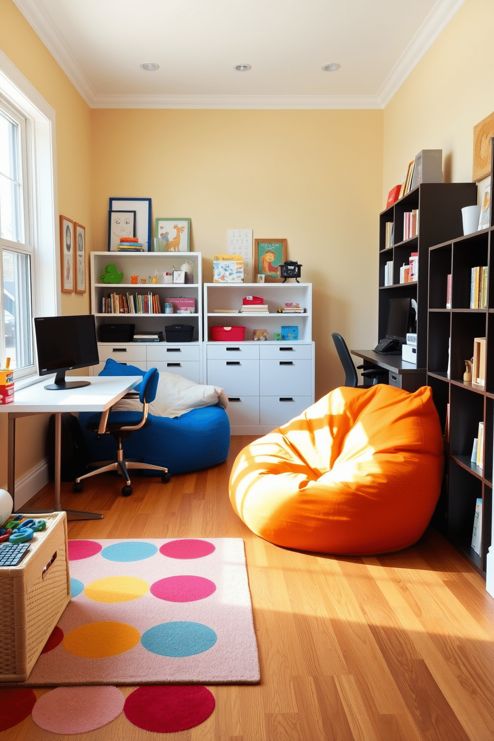 A cozy bean bag corner is nestled in a bright home office and playroom combo, featuring soft, oversized bean bags in vibrant colors that invite relaxation and creativity. The space is designed with a large window allowing natural light to flood in, complemented by playful wall art and shelves filled with books and toys. Adjacent to the bean bag area, a sleek desk with ergonomic seating provides a functional workspace, surrounded by cheerful decor that balances work and play. The flooring is a warm wood, enhancing the inviting atmosphere, while a colorful rug defines the play zone, making it a perfect blend of productivity and leisure.