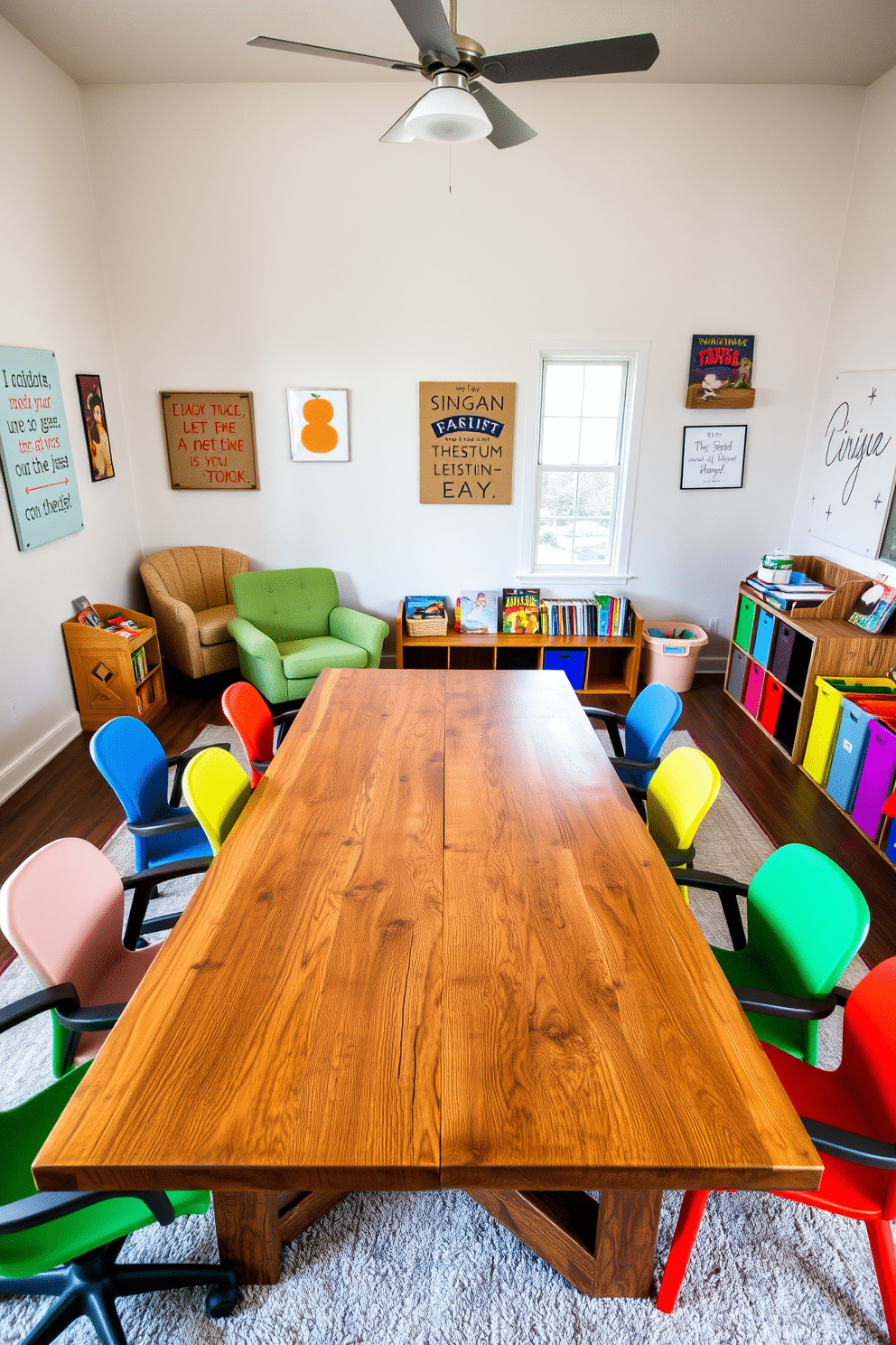 A large, rustic wooden table dominates the center of the room, surrounded by comfortable, ergonomic chairs in vibrant colors. The walls are adorned with playful artwork and inspirational quotes, creating an inviting atmosphere for creativity and collaboration. In one corner, a cozy reading nook features a plush armchair and a small bookshelf filled with children's books and games. The play area is equipped with colorful storage bins and a soft rug, ensuring a fun and functional space for both work and play.