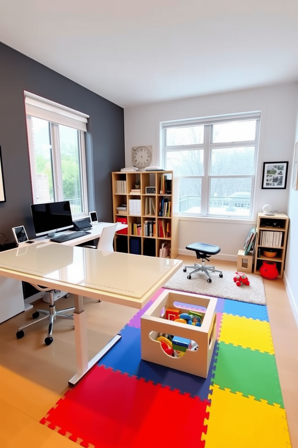 A modern home office and playroom combo that features easy-to-clean materials. The workspace includes a sleek, white desk with a glass top and a comfortable ergonomic chair, while the play area is adorned with colorful, wipeable foam tiles and a plush, washable rug. In the corner, a multifunctional bookshelf holds both office supplies and children's toys, blending functionality with style. Large windows allow natural light to flood the space, creating an inviting atmosphere for both work and play.