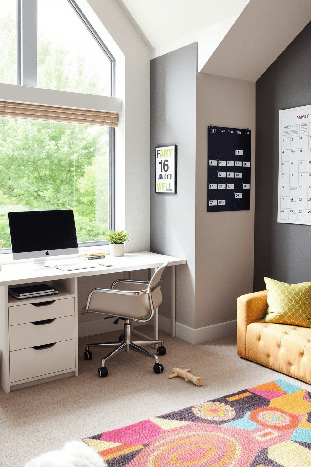 A stylish home office and playroom combo that promotes both productivity and creativity. The space features a sleek, modern desk with built-in storage, positioned near a large window that floods the room with natural light. Adjacent to the desk, a vibrant play area is defined by a colorful rug and soft, plush seating. A family calendar is prominently displayed on the wall, providing a functional and decorative element that keeps everyone organized.