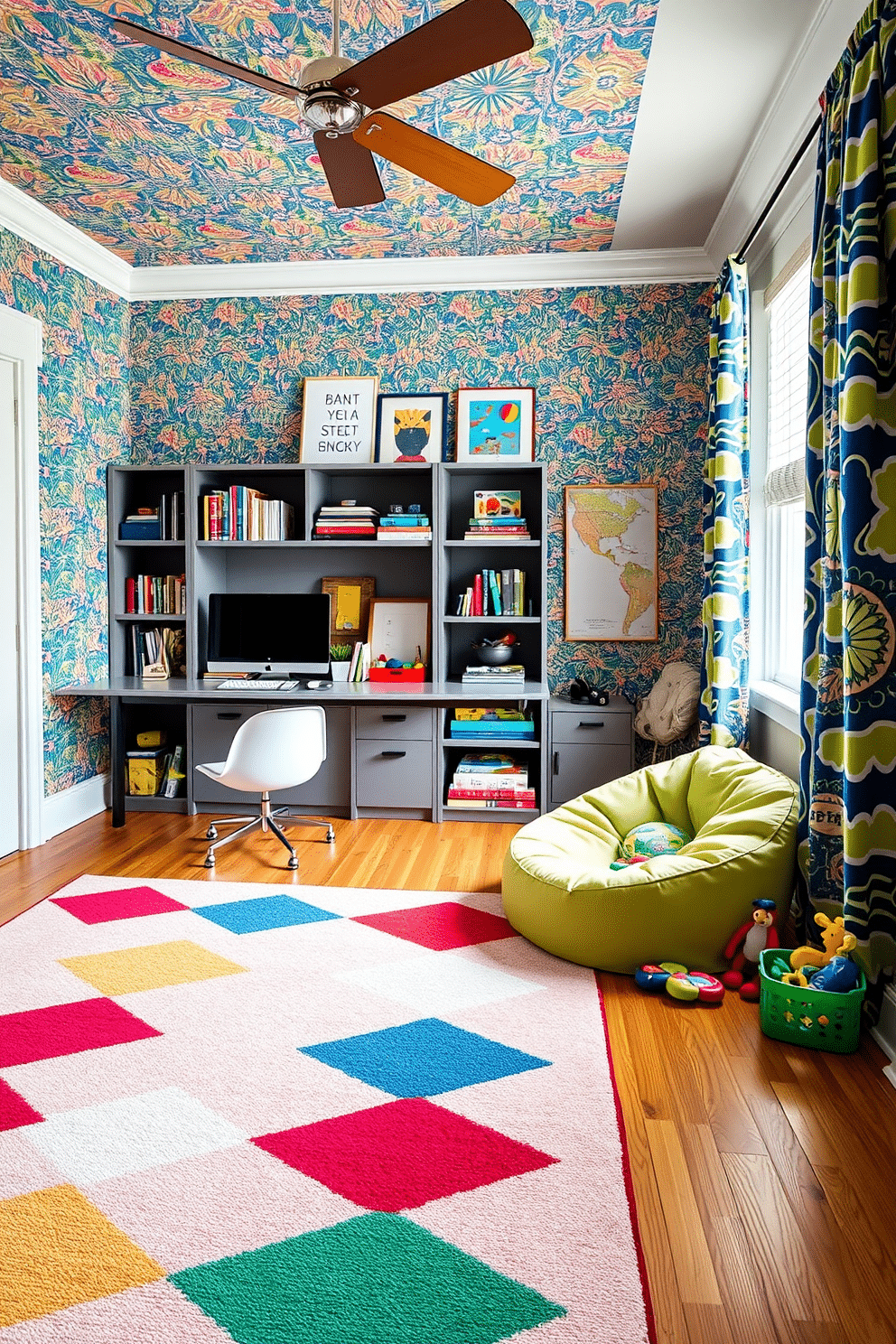 A vibrant home office and playroom combo features bold, playful patterns in the textiles and decor, creating an inviting and creative atmosphere. The walls are adorned with colorful wallpaper, while a large area rug with geometric designs anchors the space, providing comfort and style. In one corner, a sleek desk with a whimsical chair is set against a backdrop of open shelves filled with books and playful art. The play area includes a soft bean bag chair and a variety of toys, all surrounded by lively curtains that tie the room together with bright colors and fun patterns.