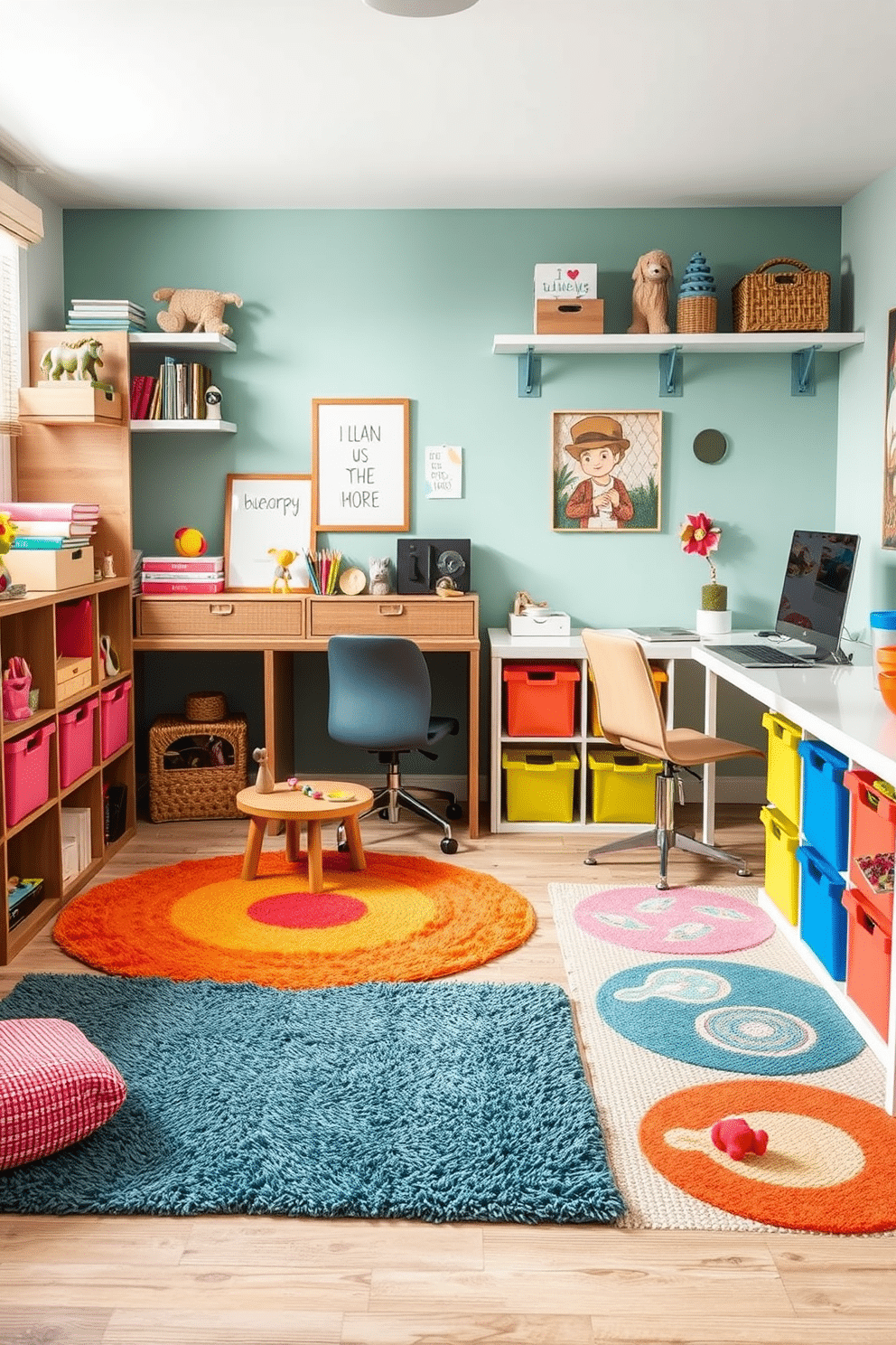 A cozy sensory corner designed for exploration features soft, textured rugs in vibrant colors that invite children to sit and play. Shelves filled with tactile toys, books, and sensory materials are arranged within easy reach, while a small table encourages creative activities and imaginative play. The home office and playroom combo seamlessly integrates work and play with a stylish desk positioned next to a colorful play area. Brightly colored storage bins organize toys and supplies, while a comfortable chair offers a space for adults to focus, surrounded by playful decor that inspires creativity.