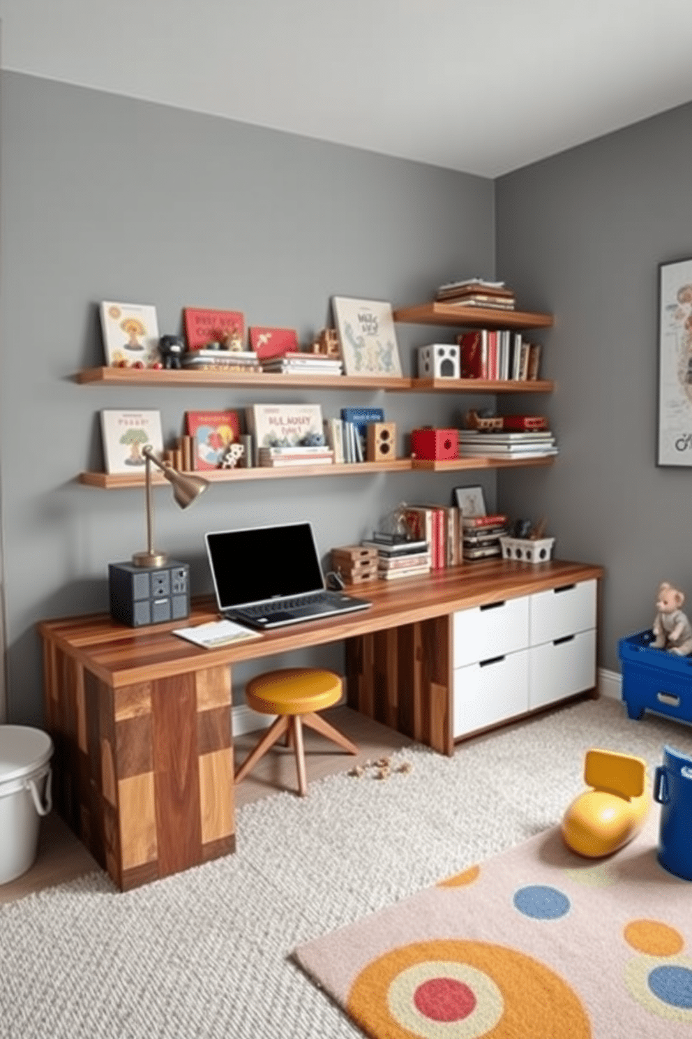 A stylish home office and playroom combo featuring a sleek desk made of reclaimed wood, positioned against a wall adorned with floating shelves filled with books and toys. The room is painted in a soft gray hue, complemented by colorful accents in the play area, including a vibrant rug and playful wall art that inspires creativity and productivity.