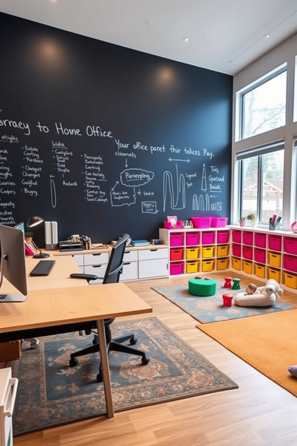 A stylish home office and playroom combo featuring a large chalkboard wall that encourages creativity and brainstorming. The workspace includes a sleek desk with a comfortable ergonomic chair, while the play area is filled with colorful rugs and soft seating for relaxation and play. Brightly colored storage bins are neatly arranged along the walls, providing easy access to toys and office supplies. The room is illuminated by natural light from large windows, creating an inviting atmosphere that balances productivity and fun.