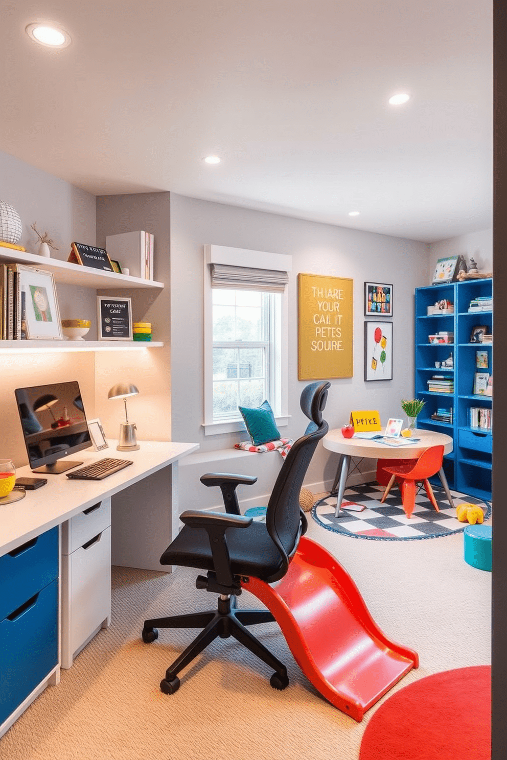 A modern home office and playroom combo that seamlessly integrates a small indoor slide for added fun. The workspace features a sleek desk with ergonomic seating, while vibrant, playful decor fills the play area, encouraging creativity and relaxation.