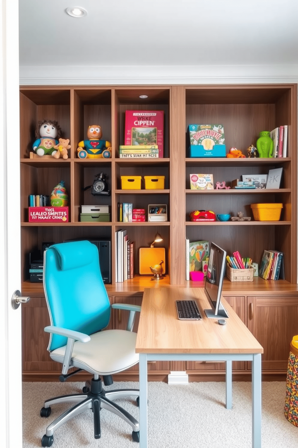 A stylish home office and playroom combo features built-in shelves that elegantly display a variety of toys and office supplies, creating an organized yet playful atmosphere. The space is designed with a modern desk in a light wood finish, complemented by a comfortable ergonomic chair, while vibrant accents in the decor add a touch of whimsy.