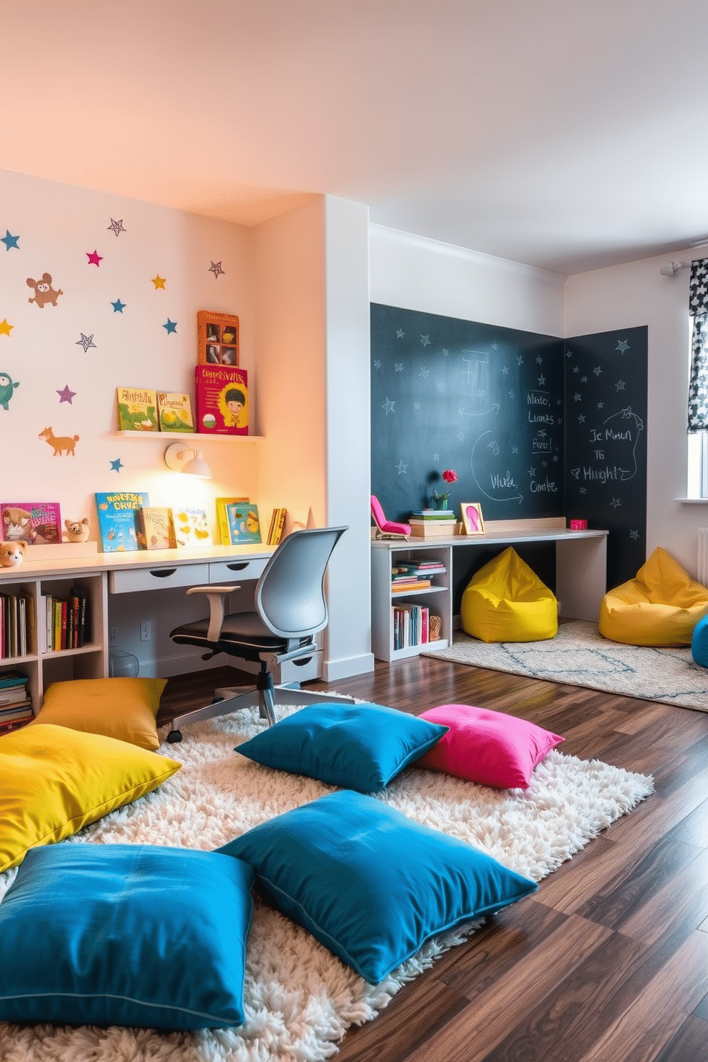 A cozy reading nook for kids. Soft, colorful cushions are scattered on a plush rug, creating a comfortable space for children to settle down with their favorite books. A small bookshelf filled with vibrant children's literature is positioned nearby, and whimsical wall decals of animals and stars adorn the walls. A gentle, warm light from a cute table lamp adds to the inviting atmosphere. Home Office and Playroom Combo Design Ideas. The room features a stylish desk with ample storage, paired with a comfortable ergonomic chair, allowing for productivity while working from home. On the opposite side, a playful area with a chalkboard wall and bright bean bags encourages creativity and fun for children during their playtime.