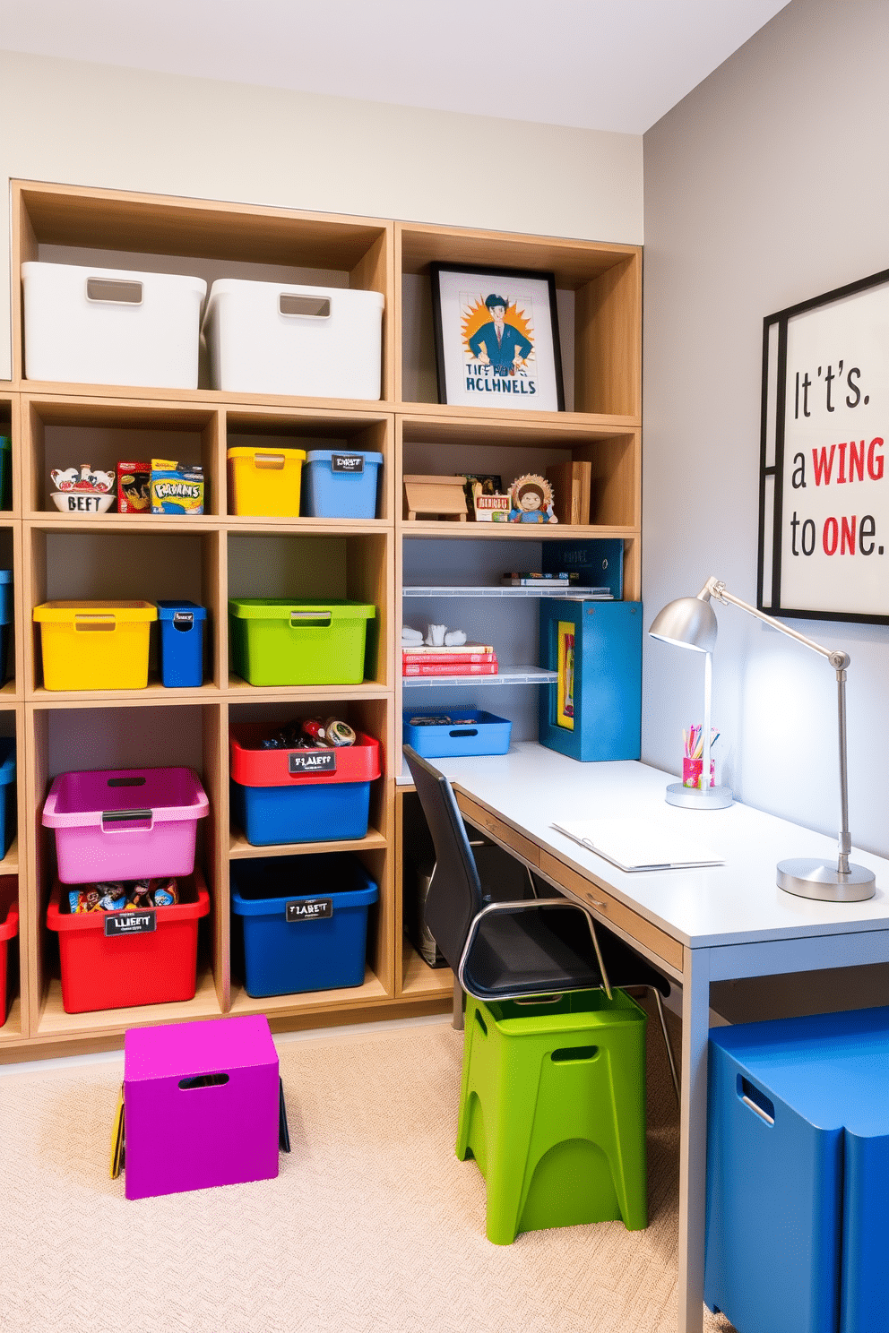 Stylish storage bins in a vibrant playroom, arranged neatly on open shelves that feature a mix of playful colors and natural wood accents. The bins are labeled for easy organization, creating a fun yet functional space for children to access their toys and games. A multifunctional home office seamlessly integrated into a playroom, with a sleek desk positioned against a wall adorned with inspiring artwork. The area is illuminated by a stylish desk lamp, while colorful storage solutions keep the workspace tidy and inviting for both work and play.