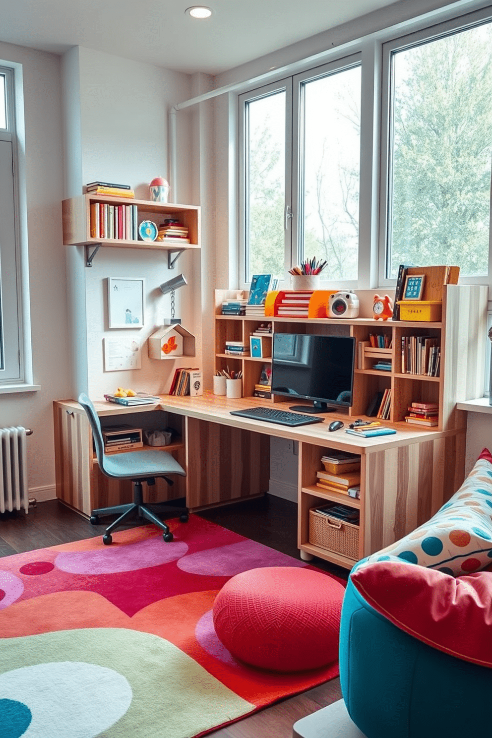 A modern home office and playroom combo featuring a sleek desk with built-in art supply storage. The desk is crafted from light oak wood, showcasing organized compartments for paints, brushes, and sketchbooks, surrounded by colorful wall-mounted shelves filled with books and toys. The space is designed with playful accents, including a soft area rug in vibrant hues and a cozy reading nook with oversized cushions. Large windows allow natural light to flood the room, enhancing the creative atmosphere while maintaining a functional workspace.