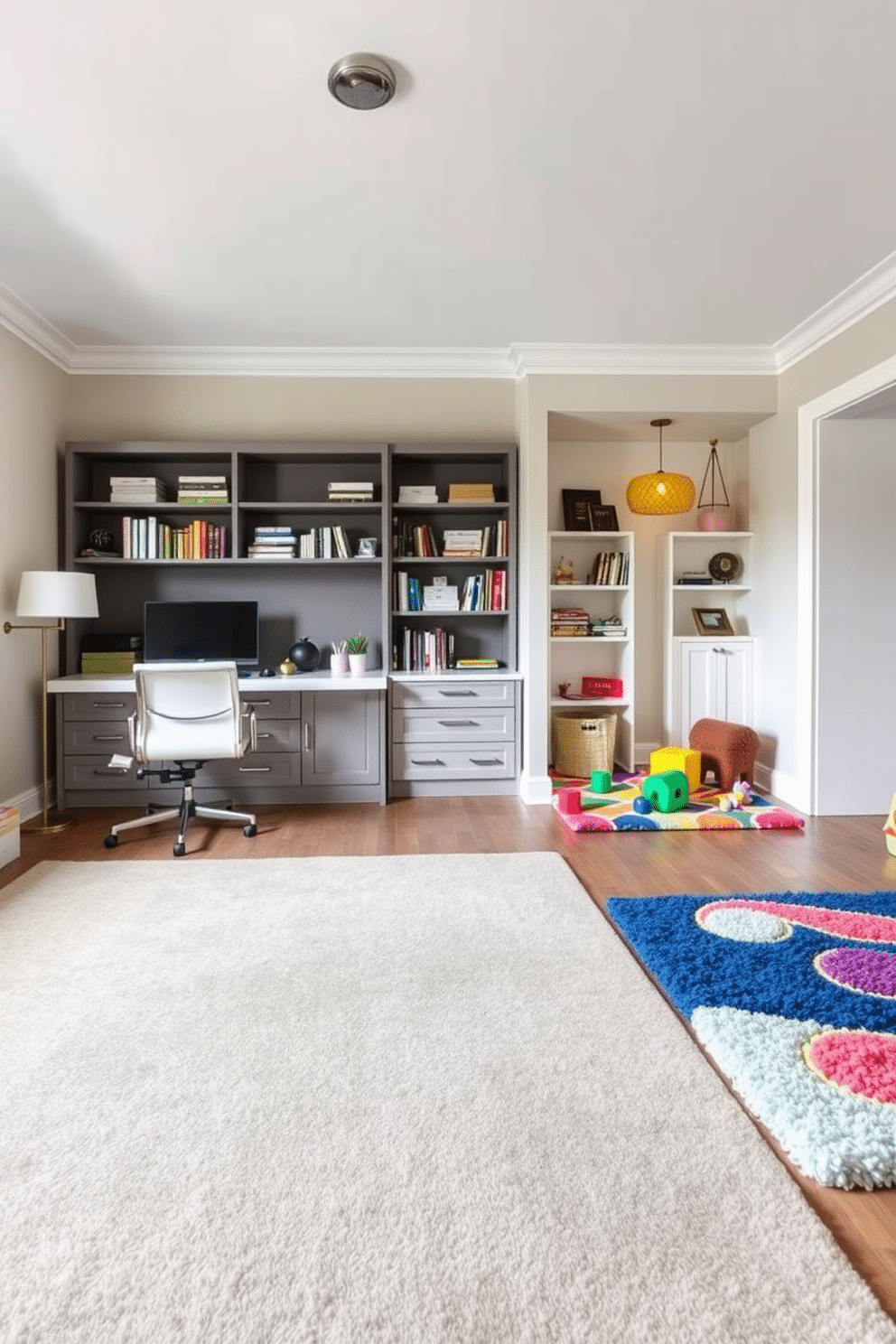 A stylish home office and playroom combo features a large area rug that delineates the workspace from the play area. The office side showcases a sleek desk with a modern chair, while the playroom is adorned with colorful, plush rugs that invite creativity and comfort. Incorporate built-in shelving to organize books and toys, creating a seamless transition between work and play. Soft lighting fixtures above the desk and playful pendant lights in the play area enhance the functionality and aesthetic of this multi-purpose space.