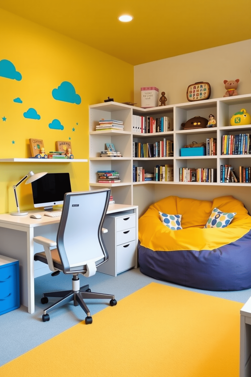 A vibrant home office and playroom combo designed with a playful theme. The space features a bright color palette with accent walls in cheerful shades of yellow and turquoise, complemented by whimsical wall decals of clouds and stars. A spacious desk with a sleek design is paired with a comfortable ergonomic chair, while a cozy reading nook with oversized bean bags invites relaxation. Shelves filled with colorful books and toys create an engaging atmosphere, ensuring functionality meets fun in this dynamic environment.