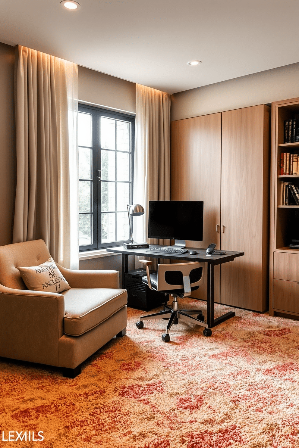 Cozy reading nook with plush carpet. A large, inviting armchair is positioned next to a floor-to-ceiling window, draped with soft, sheer curtains that allow natural light to filter in. Home office with carpet design ideas. A sleek desk is centered against a feature wall adorned with bookshelves, while a stylish ergonomic chair complements the warm tones of the plush, patterned carpet beneath.