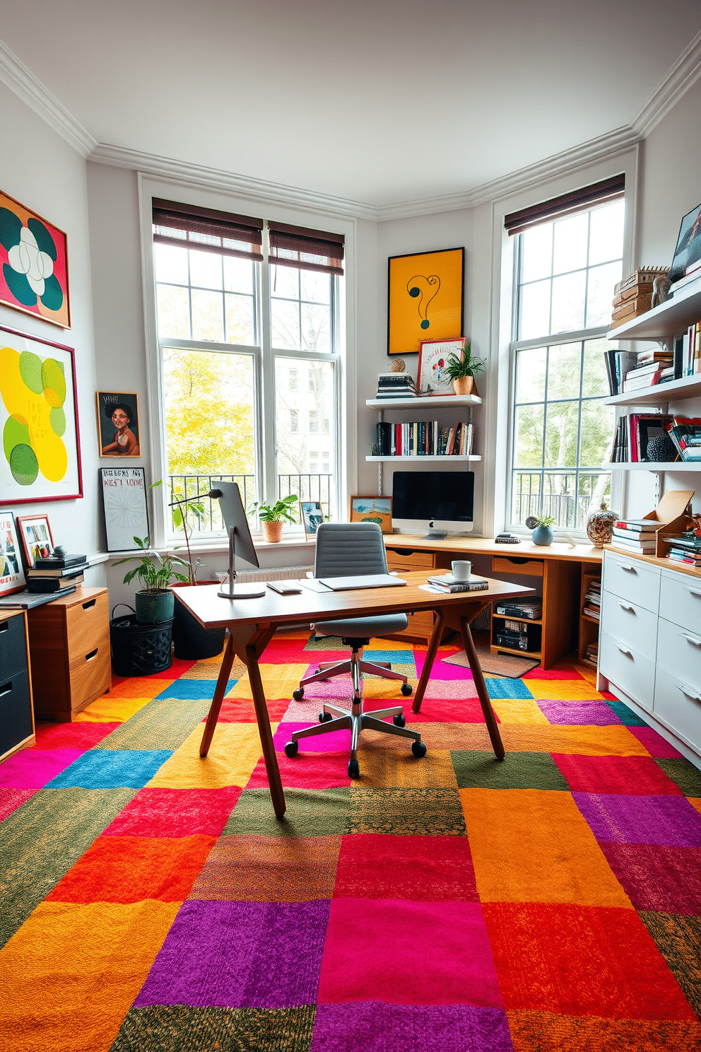 An artistic workspace filled with vibrant energy. The floor is covered in colorful carpet tiles that create a playful yet professional atmosphere, while a sleek wooden desk sits at the center, complemented by an ergonomic chair. The walls are adorned with inspiring artwork and shelves filled with books and decorative items. Large windows allow natural light to flood the space, enhancing creativity and focus in this inviting home office.