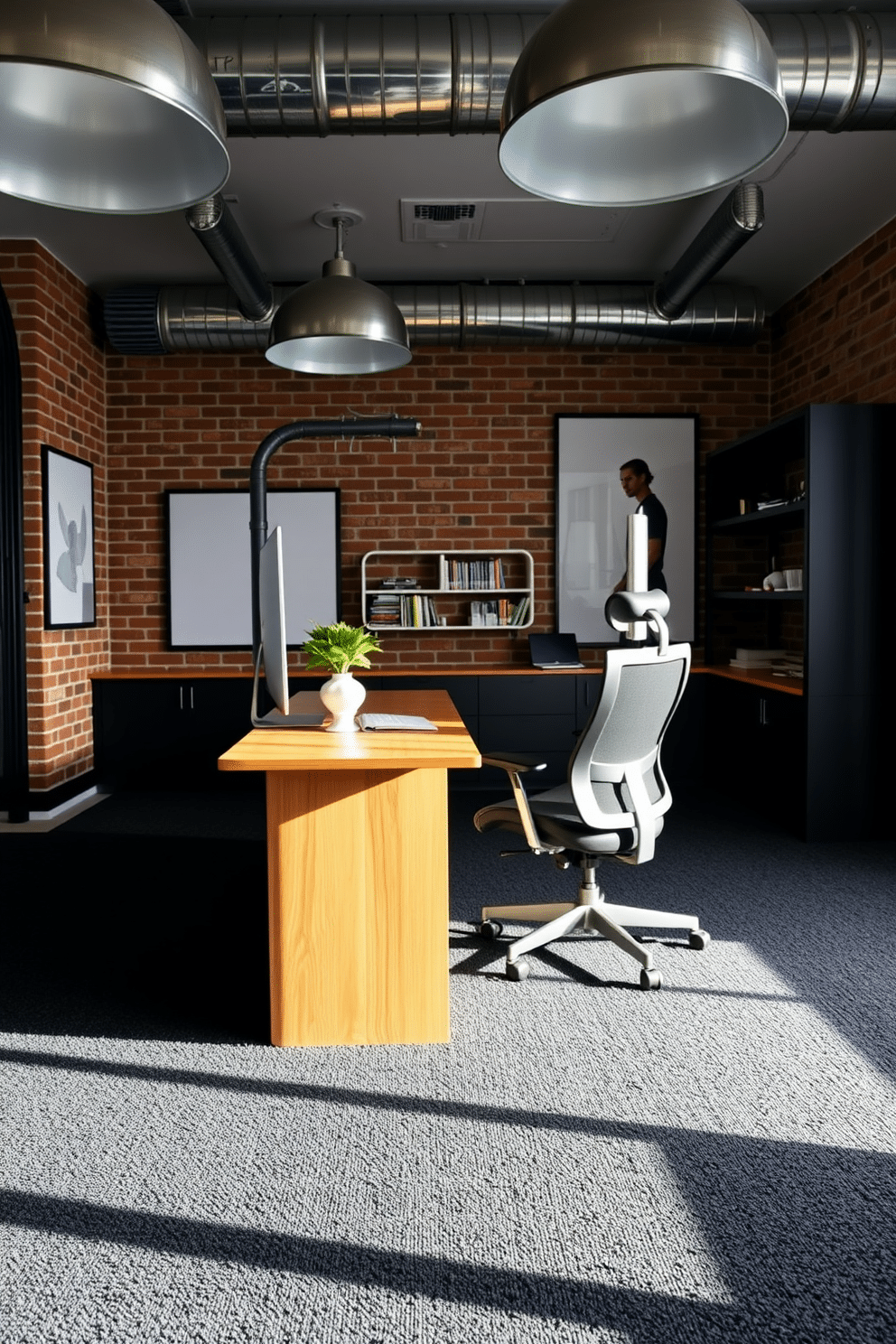 A modern home office featuring an industrial vibe, characterized by dark, textured carpet that adds depth to the space. The room is accented with exposed brick walls, large metal light fixtures, and a sleek wooden desk paired with a stylish ergonomic chair.