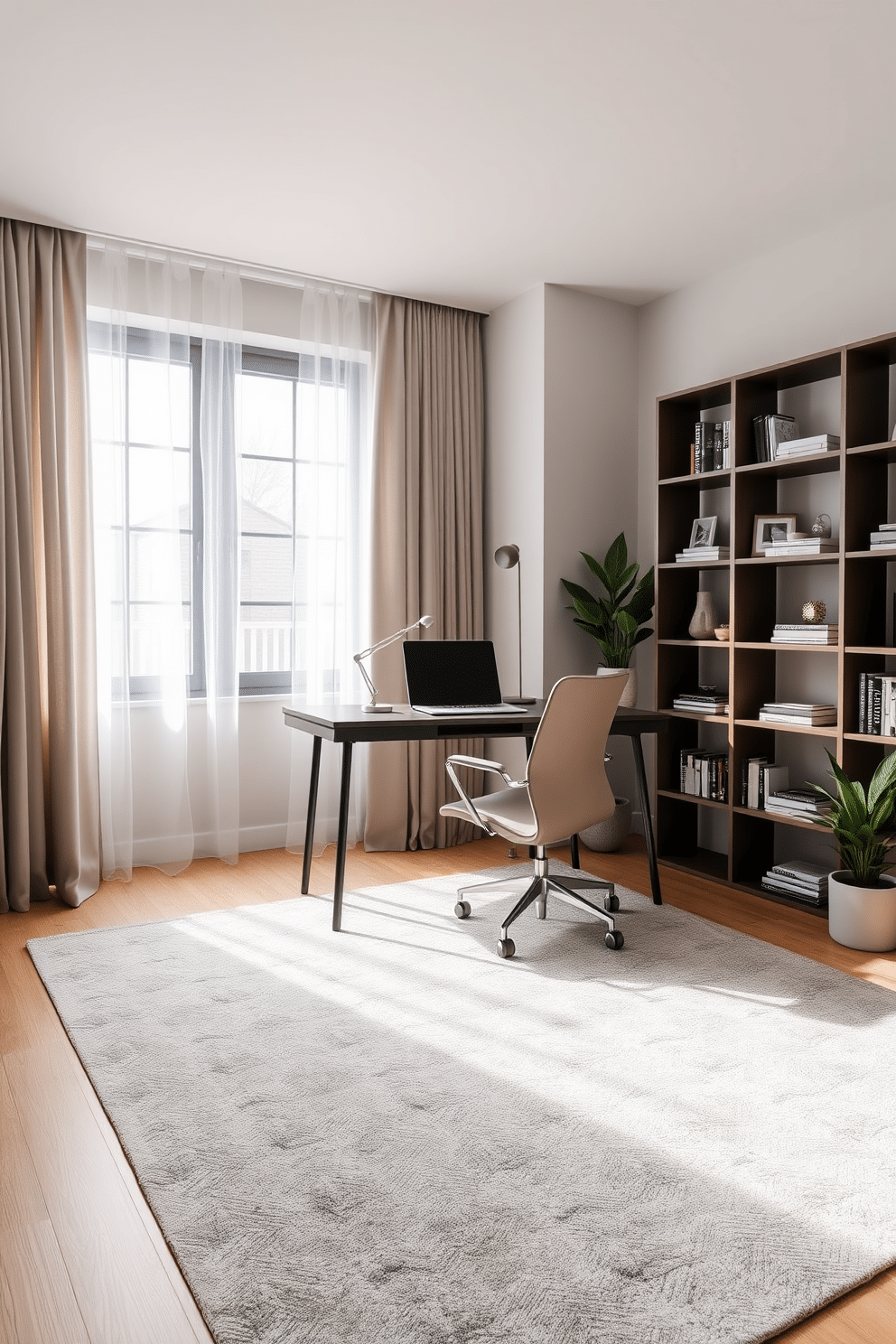 A chic corner office featuring a soft gray rug that adds warmth to the space. The room is furnished with a sleek, modern desk in a dark wood finish, complemented by a stylish ergonomic chair in a muted color palette. Natural light floods the room through large windows adorned with sheer curtains, creating an inviting atmosphere. A minimalist bookshelf lines one wall, filled with curated decor and essential books, while a potted plant adds a touch of greenery to the corner.