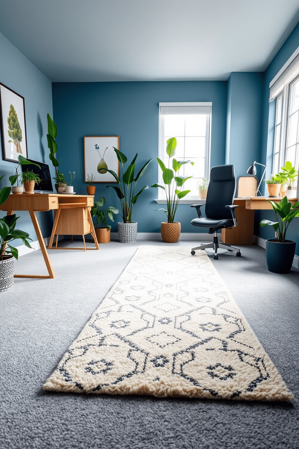 A stylish home office featuring a plush runner rug that adds warmth and comfort to the space. The walls are painted in a serene blue hue, complemented by a sleek wooden desk and a comfortable ergonomic chair. The carpet design incorporates geometric patterns in soft tones, enhancing the modern aesthetic of the room. Natural light floods in through large windows, illuminating a variety of potted plants that bring a touch of nature indoors.