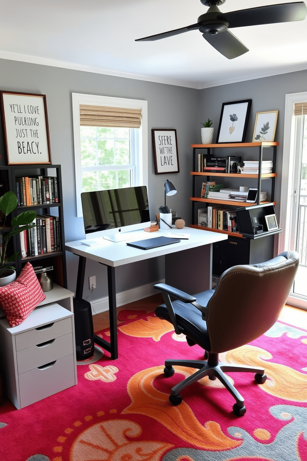 A creative home office space featuring a vibrant accent carpet that adds a pop of color to the room. The desk is positioned to face a large window, allowing natural light to illuminate the workspace, with a stylish ergonomic chair complementing the overall design. The walls are adorned with inspirational artwork, while shelves filled with books and decorative items provide a personal touch. A cozy reading nook is created in one corner, complete with a plush armchair and a small side table, inviting relaxation and creativity.