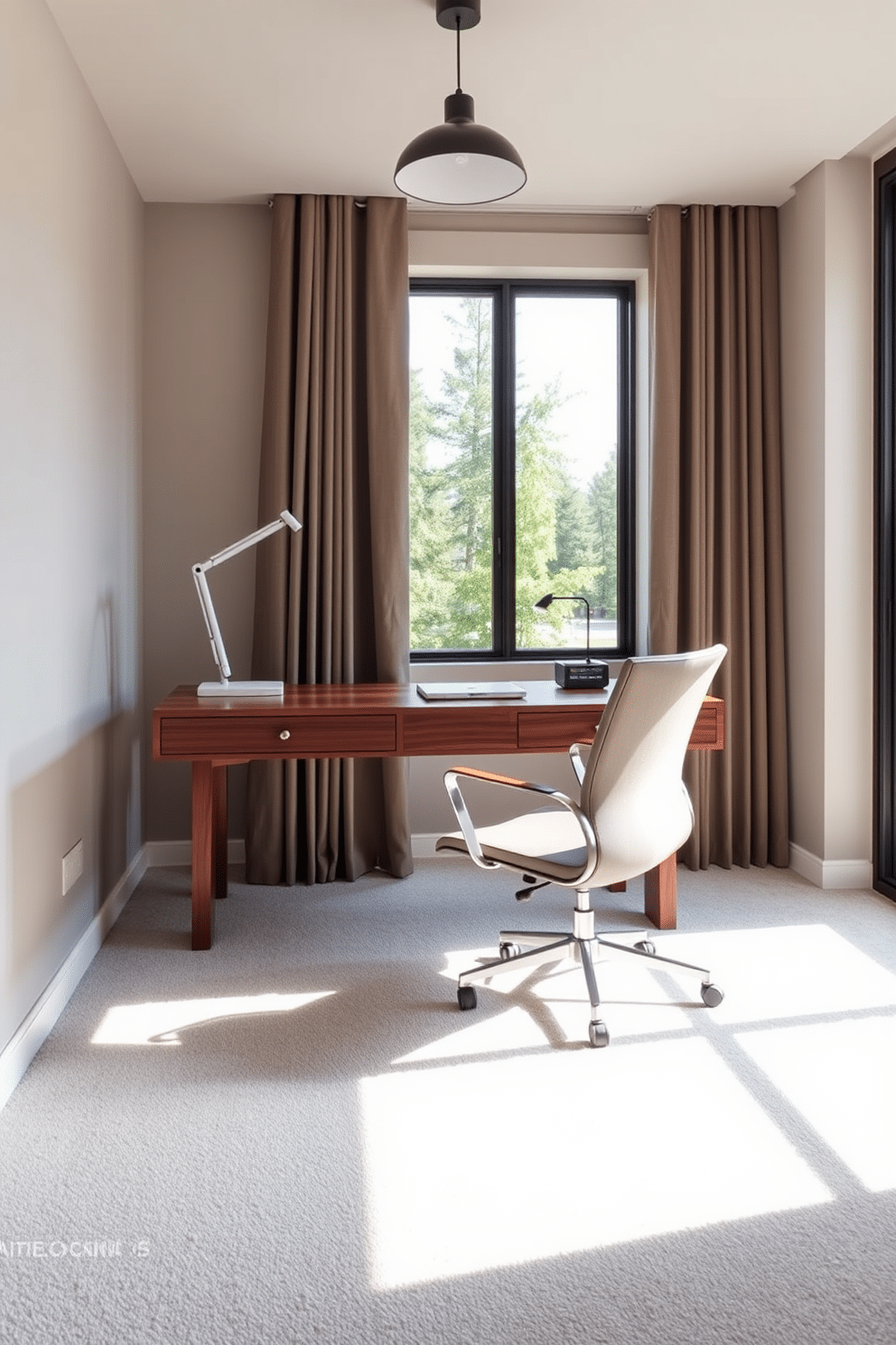 A sleek modern desk is positioned against a wall, crafted from polished walnut with clean lines and minimalistic hardware. The desk is paired with a comfortable ergonomic chair, and the space is illuminated by a contemporary pendant light overhead. The home office features a soft, light-colored carpet that adds warmth and texture to the room. A large window allows natural light to flood in, creating an inviting atmosphere for productivity.