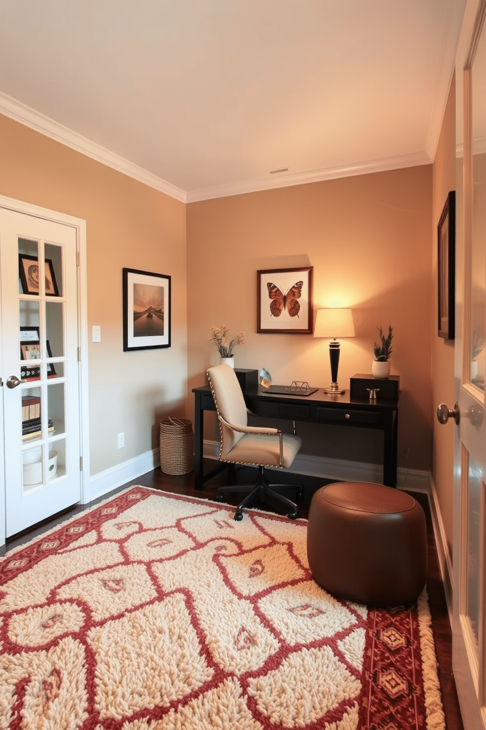 A cozy home office adorned with warm tones, featuring a plush patterned wool rug that adds texture and comfort to the space. The walls are painted in a soft beige, complemented by a dark wood desk and a comfortable chair, creating an inviting atmosphere for productivity.