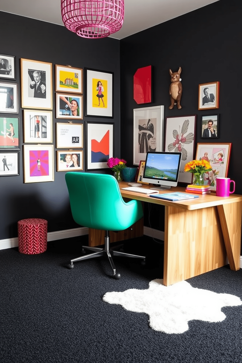 A stylish home office featuring a dark carpet base that adds depth to the space. Bright accents in the form of colorful artwork and vibrant desk accessories create a lively contrast, enhancing the overall ambiance. The desk, made of sleek wood, is positioned against a wall adorned with a gallery of framed prints. A cozy armchair in a bold hue complements the decor, inviting creativity and productivity in this inviting workspace.