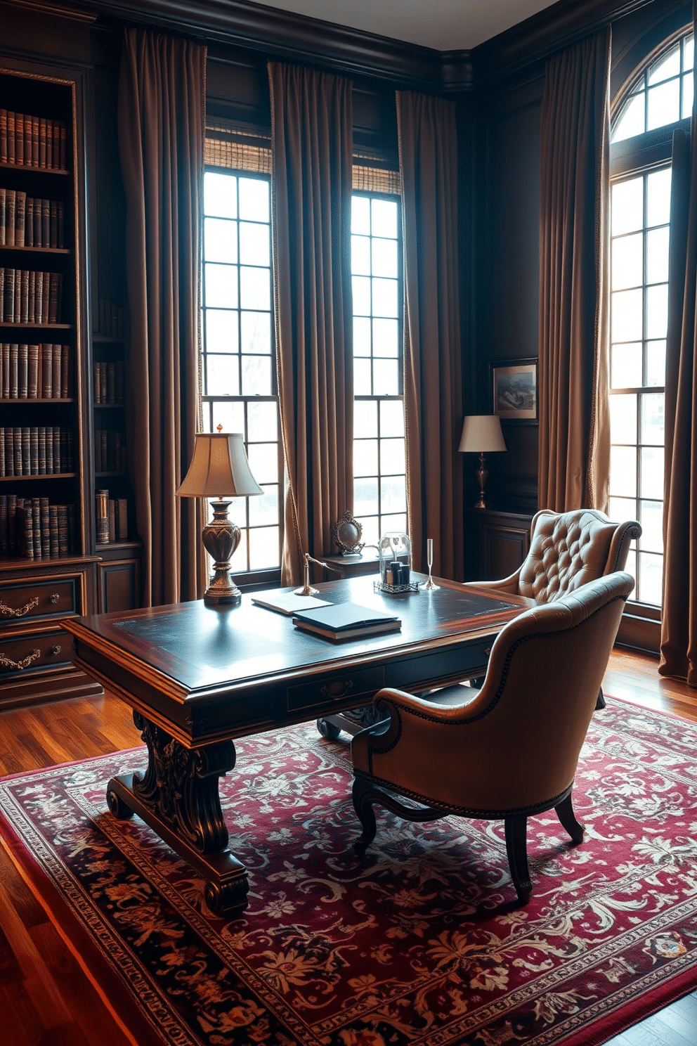 A traditional home office setting featuring a rich wooden desk with intricate carvings and brass hardware. The floor is adorned with an ornate area rug that complements the warm tones of the room, while a plush armchair invites comfort and elegance. Natural light floods the space through large windows adorned with heavy drapes, casting a soft glow on the dark wood bookshelves filled with leather-bound volumes. A stylish desk lamp and a few decorative items add personality to the workspace, creating an inspiring environment for productivity.