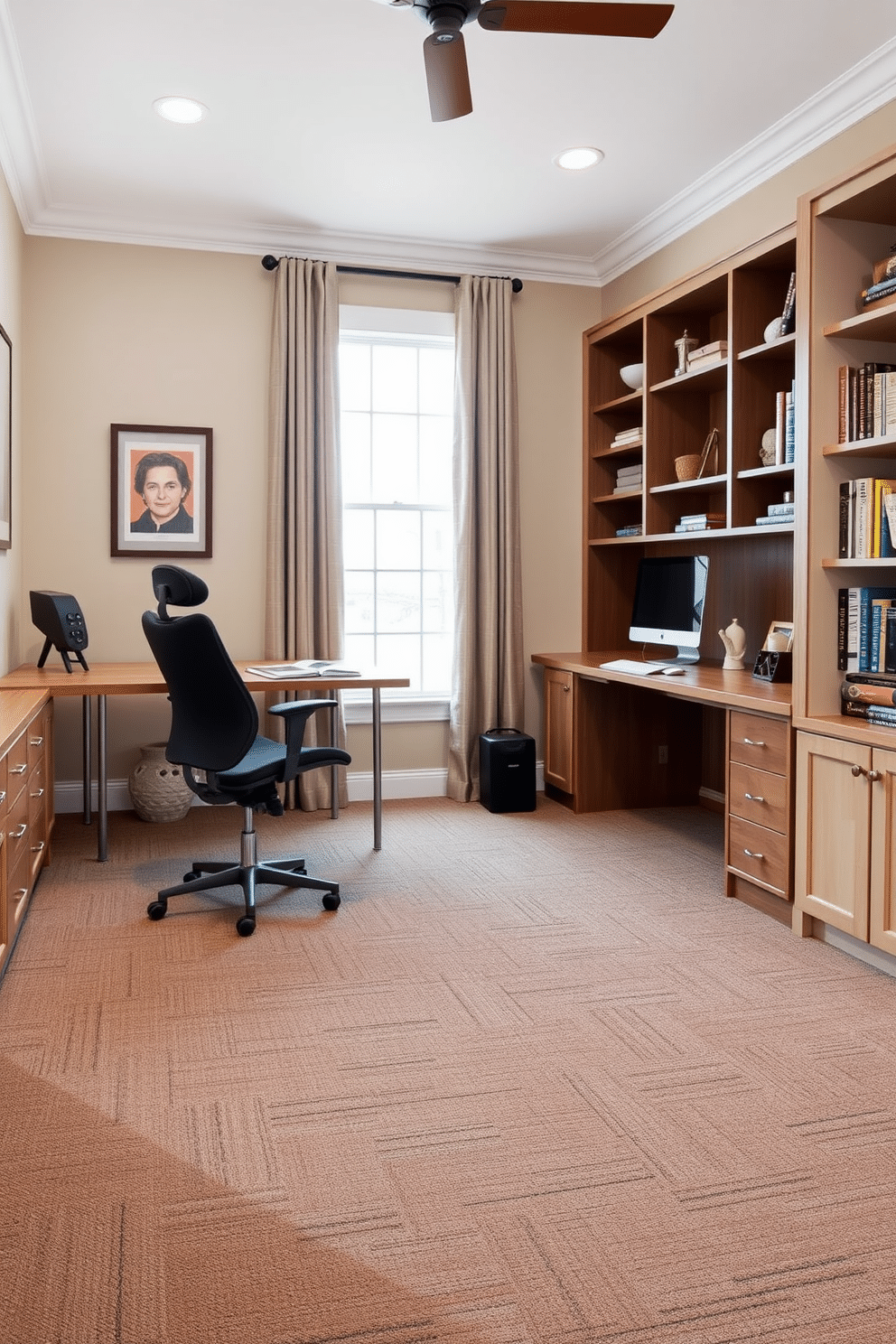 A functional home office features easy-care carpet tiles in a warm gray tone, providing comfort and durability. The space is equipped with a sleek wooden desk, a modern ergonomic chair, and built-in shelves filled with books and decorative items.