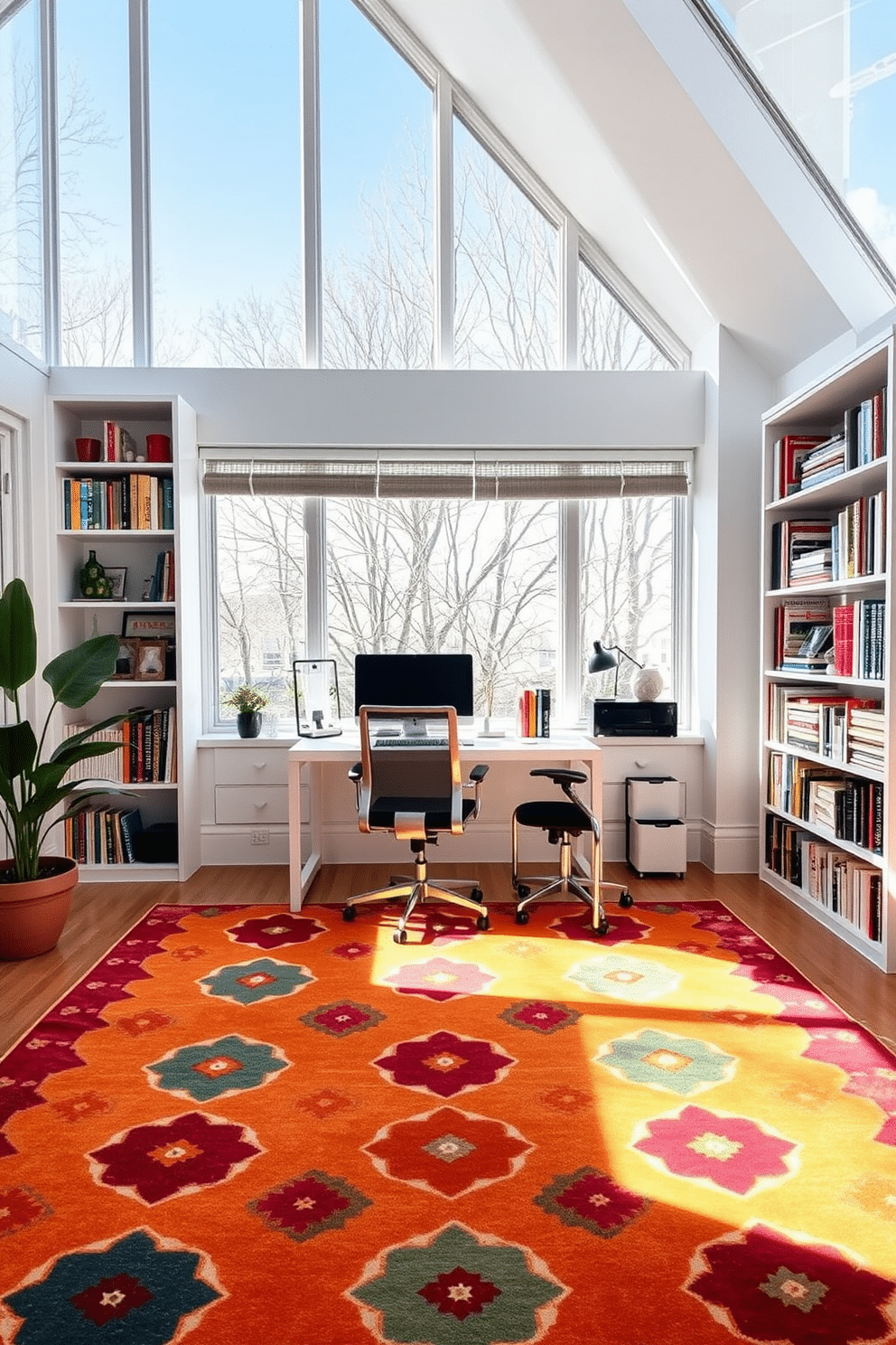 A bright workspace features large windows that allow natural light to flood the room, creating an inviting atmosphere. The floor is adorned with a vibrant patterned area rug that adds warmth and character to the space. In the home office, a sleek modern desk is positioned to face the windows, providing a view of the outside. A comfortable ergonomic chair complements the desk, while bookshelves lined with colorful books and decorative items enhance the room's personality.