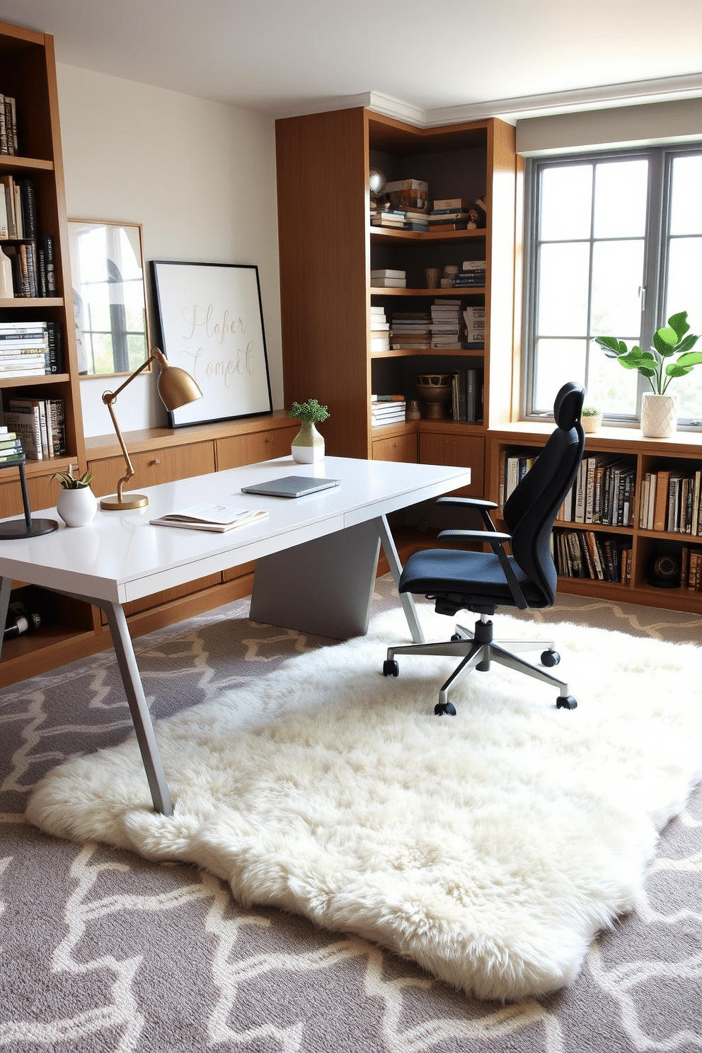 A stylish workspace featuring a plush faux fur rug that adds warmth and texture to the room. The desk is sleek and modern, paired with a comfortable ergonomic chair, while large windows allow natural light to flood the space. In this home office, the carpet design complements the overall aesthetic, with geometric patterns in soft, muted tones. Shelves filled with books and decorative items line the walls, creating an inviting and inspiring atmosphere for productivity.