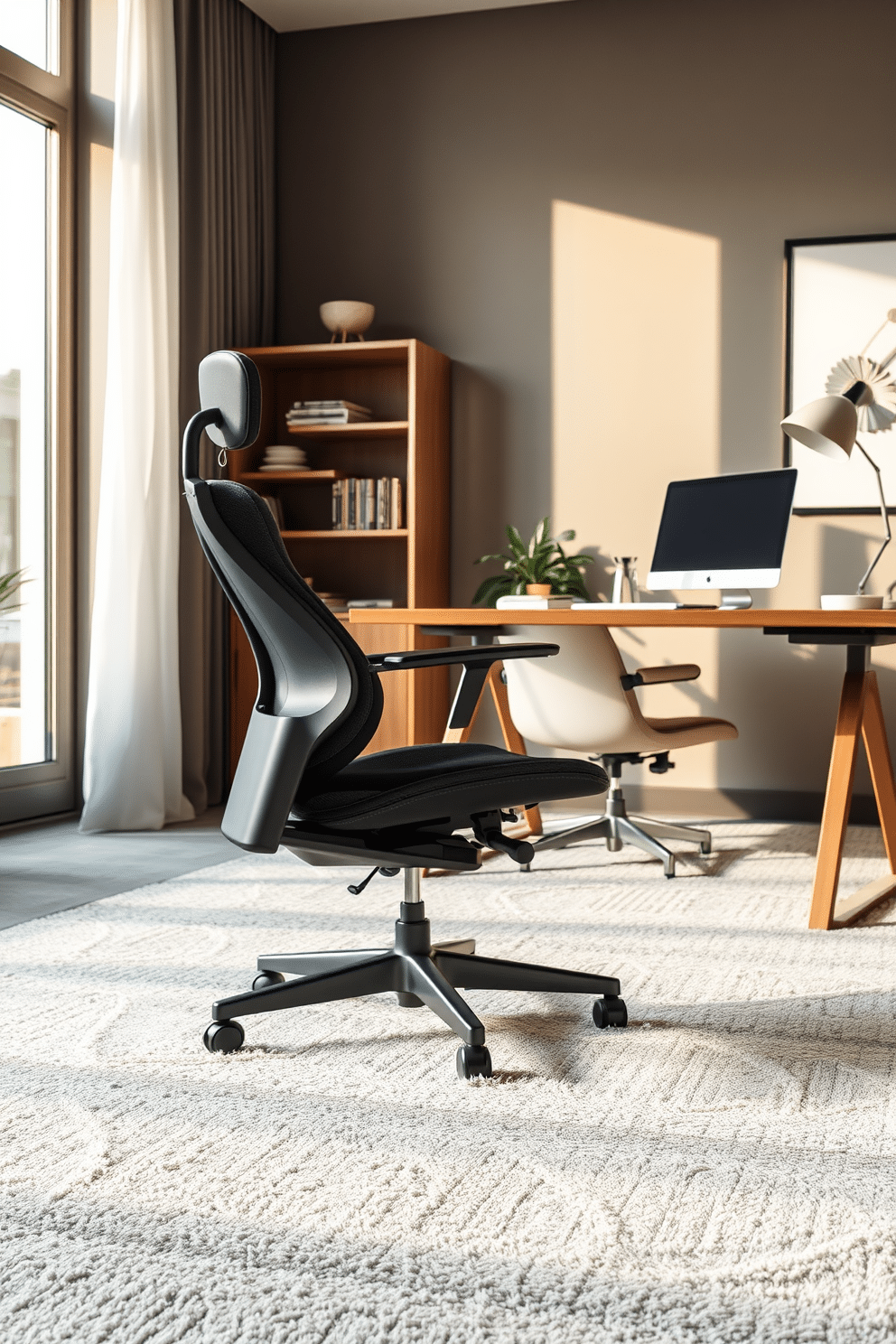 An ergonomic chair with sleek lines and a supportive design is positioned on a plush, textured carpet that adds warmth to the space. The home office features a modern desk with clean edges, complemented by a stylish lamp and decorative elements that enhance productivity and comfort. The carpet design incorporates subtle patterns in soft, neutral tones that harmonize with the overall aesthetic of the room. Natural light streams in through a large window, illuminating the workspace and creating an inviting atmosphere for creativity and focus.