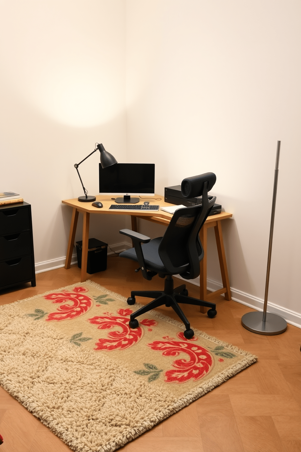 Layered textures create a warm and inviting home office space. A plush area rug in a neutral tone anchors the room, while a colorful patterned rug adds visual interest on top. The workspace features a sleek wooden desk paired with a comfortable ergonomic chair. A stylish floor lamp casts a soft glow, illuminating the area and enhancing the cozy atmosphere.