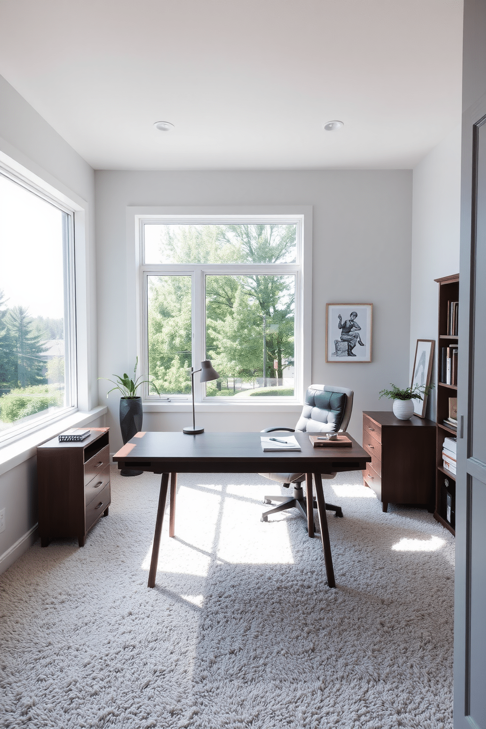 A bright and airy home office features an expansive window that floods the space with natural light, highlighting the soft, plush carpet beneath. The walls are painted in a calming light gray, and a sleek wooden desk sits in the center, adorned with modern accessories and a stylish desk lamp.