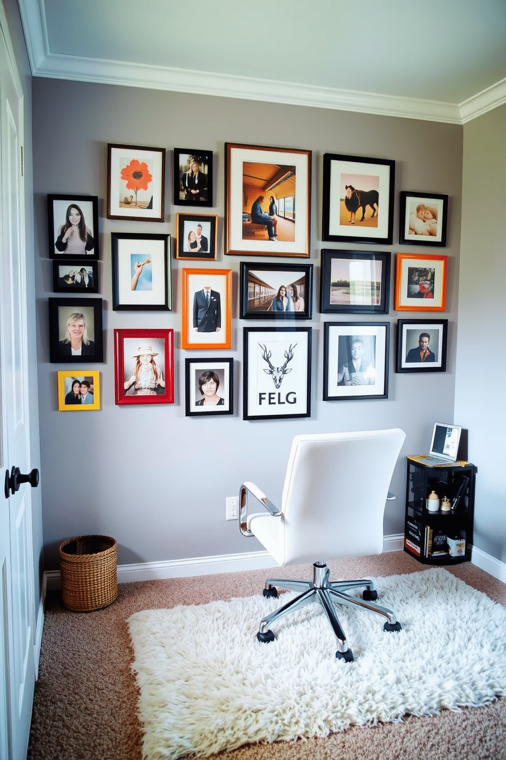 A cozy home office featuring a gallery wall adorned with a mix of framed art and personal photographs. The wall is painted in a soft gray, providing a perfect backdrop for the vibrant colors of the artwork, while a plush area rug adds warmth to the carpeted floor.