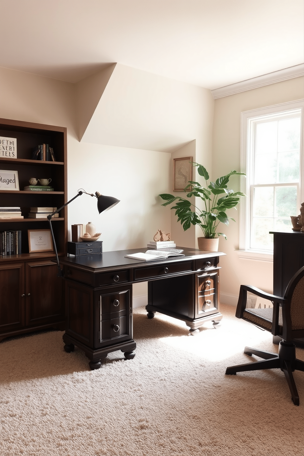 A cozy home office featuring a vintage writing desk made of dark wood, set against a backdrop of soft, neutral-colored walls. The floor is adorned with a plush, light-colored carpet that adds warmth and comfort to the space, creating an inviting atmosphere for productivity. Natural light streams in through a large window, illuminating the desk and highlighting the intricate details of the vintage design. A stylish desk lamp sits on the desk, accompanied by a few well-placed decorative items that enhance the overall aesthetic of the room.