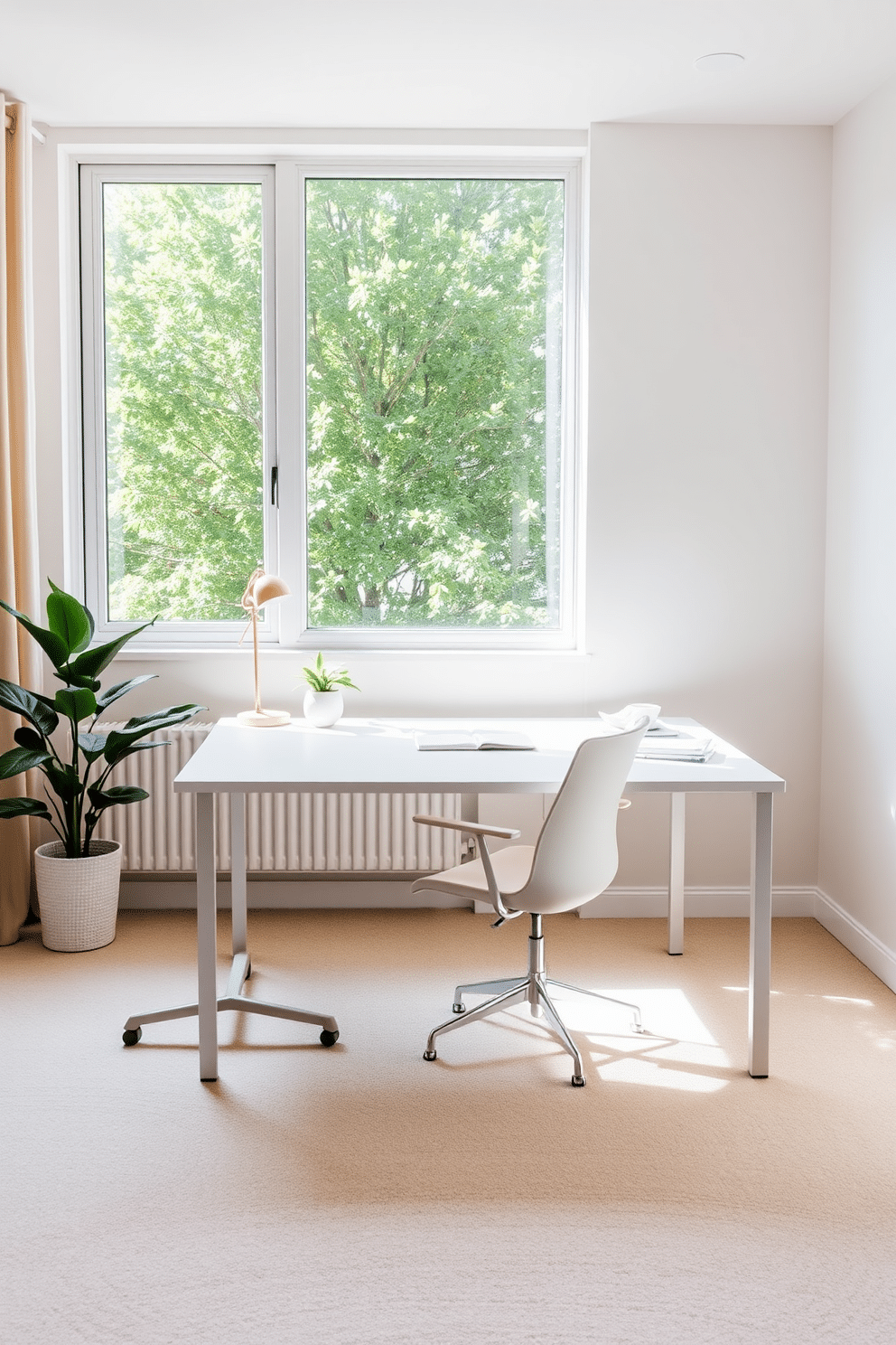 A minimalist desk sits elegantly on a soft neutral carpet, creating a serene workspace. The desk features clean lines and is complemented by a sleek, ergonomic chair, promoting both style and comfort. The home office is bathed in natural light, with a large window offering a view of greenery outside. Subtle decor elements, such as a small potted plant and a minimalist lamp, enhance the calming atmosphere while maintaining a clutter-free aesthetic.