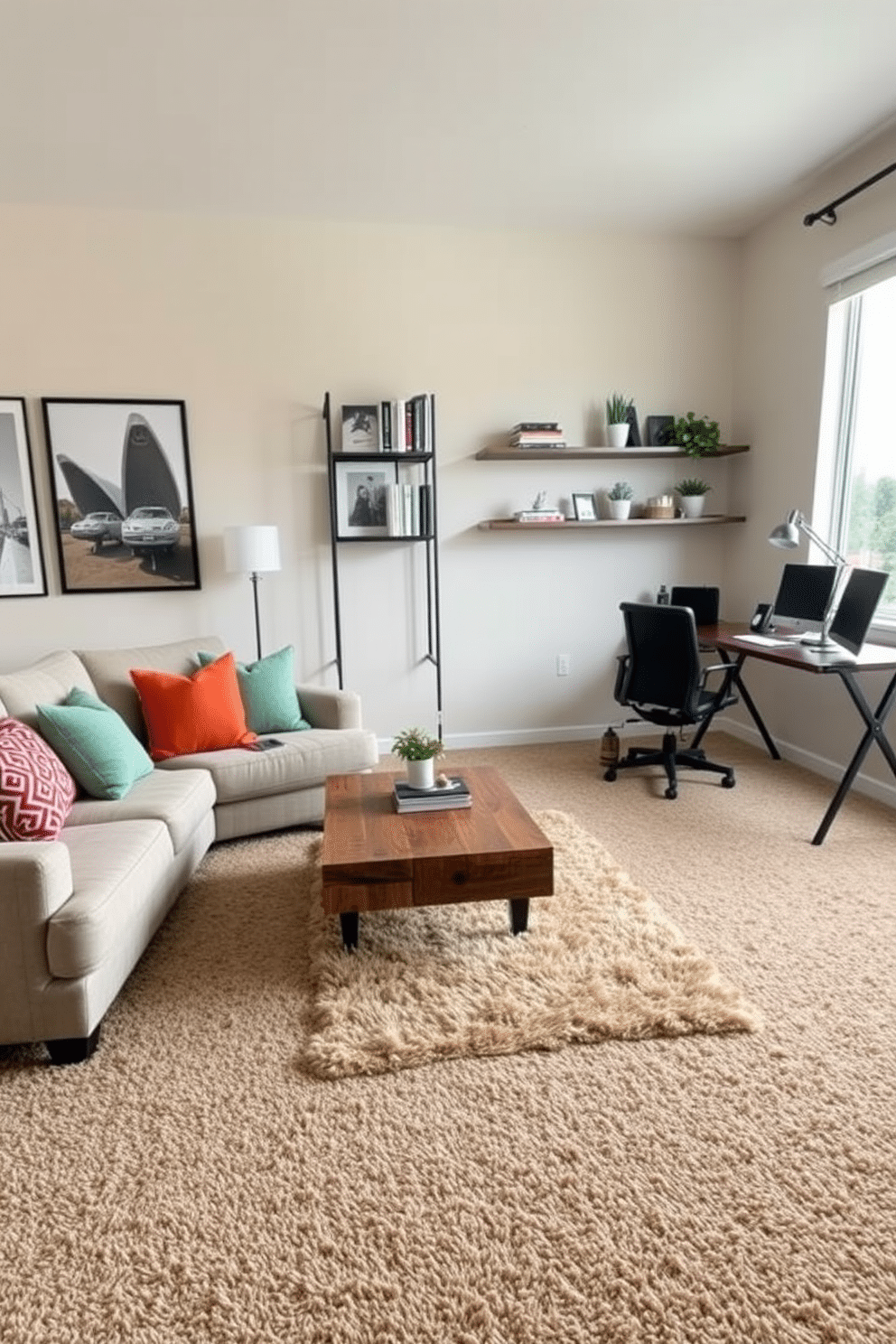 A cozy seating area features a plush, thick carpet in a warm beige tone that invites relaxation. The space includes a large, comfortable sofa adorned with colorful throw pillows and a stylish coffee table made of reclaimed wood. The home office showcases a modern design with a soft, textured carpet that enhances the inviting atmosphere. A sleek desk is positioned near a window, complemented by an ergonomic chair and decorative shelves filled with books and plants.