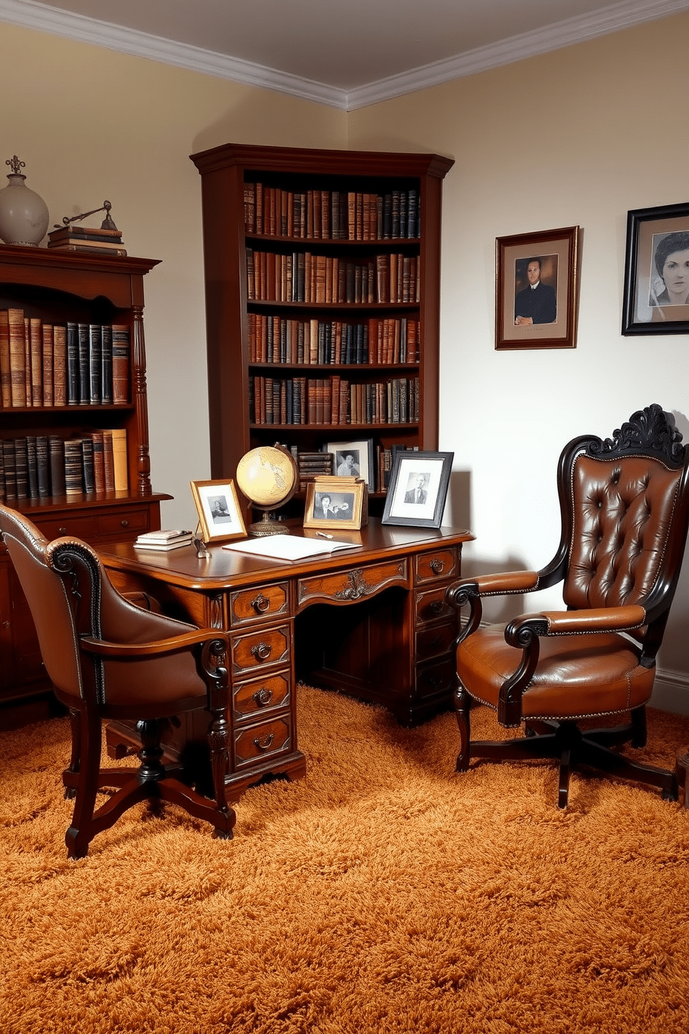 A cozy home office featuring vintage furniture set on a warm shag carpet. An antique wooden desk with ornate detailing is paired with a classic leather armchair, while a bookshelf filled with old books adds character to the space. The walls are painted in a soft cream color, complementing the rich tones of the carpet. A vintage globe and a few framed art pieces adorn the desk, creating an inviting and inspiring work environment.