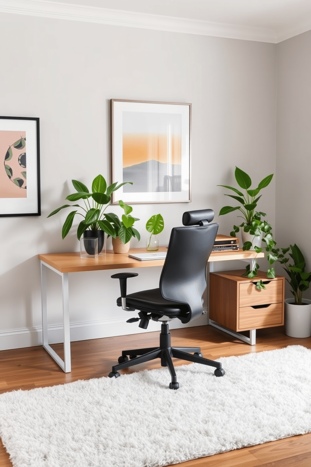 A serene home office space featuring a soft, plush area rug in a neutral tone. Lush green plants are strategically placed atop a sleek wooden desk, bringing a refreshing touch of nature to the design. The walls are painted in a calming light gray, complemented by modern artwork that adds a pop of color. A comfortable ergonomic chair sits in front of the desk, creating an inviting workspace that promotes productivity and relaxation.