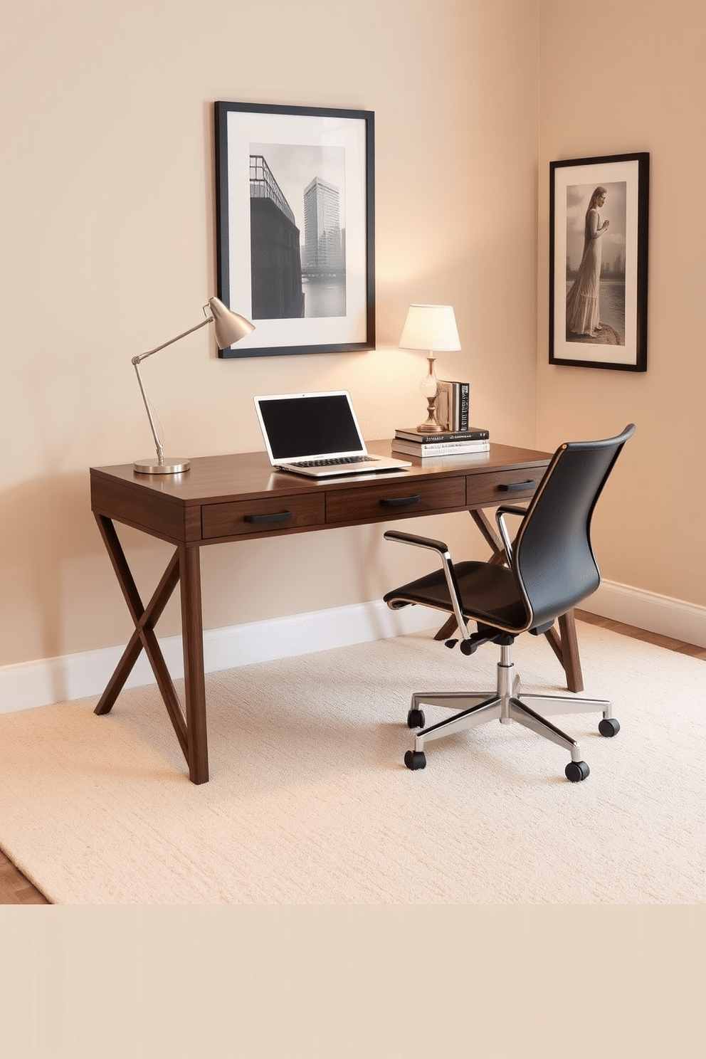 Elegant wood desk on a cream carpet. The desk is adorned with a sleek laptop, a stylish desk lamp, and a few decorative books, creating a sophisticated workspace. The walls are painted in a soft beige, complemented by framed artwork that adds a touch of personality. A comfortable, ergonomic chair sits invitingly beside the desk, enhancing the overall aesthetic of the home office.