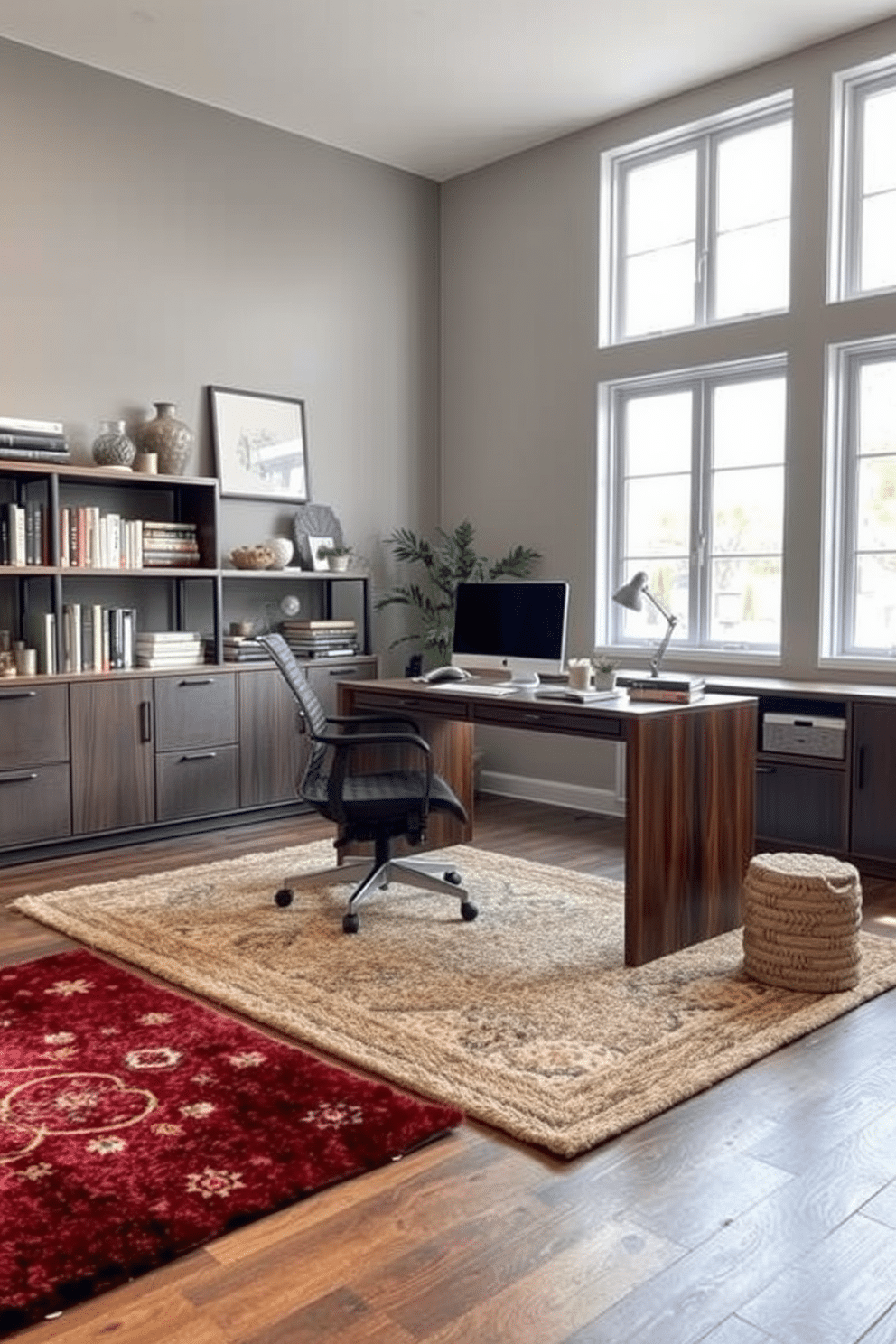 A contemporary home office featuring a sleek desk made of dark wood, paired with a comfortable ergonomic chair. Layered rugs in varying textures and colors add warmth to the space, with a large area rug underneath and a smaller accent rug on top. The walls are painted in a soft gray, creating a calm backdrop for the room. Large windows allow natural light to flood in, complemented by modern shelving units filled with books and decorative items.