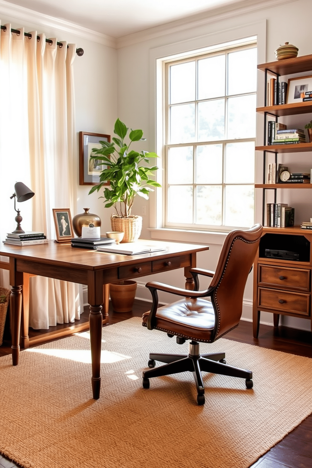 A cozy home office infused with rustic charm. A jute area rug anchors the space, complementing the warm wooden desk and vintage-inspired leather chair. Natural light streams in through a large window adorned with sheer curtains. Shelves lined with books and decorative items add personality to the walls, while a potted plant brings a touch of greenery.