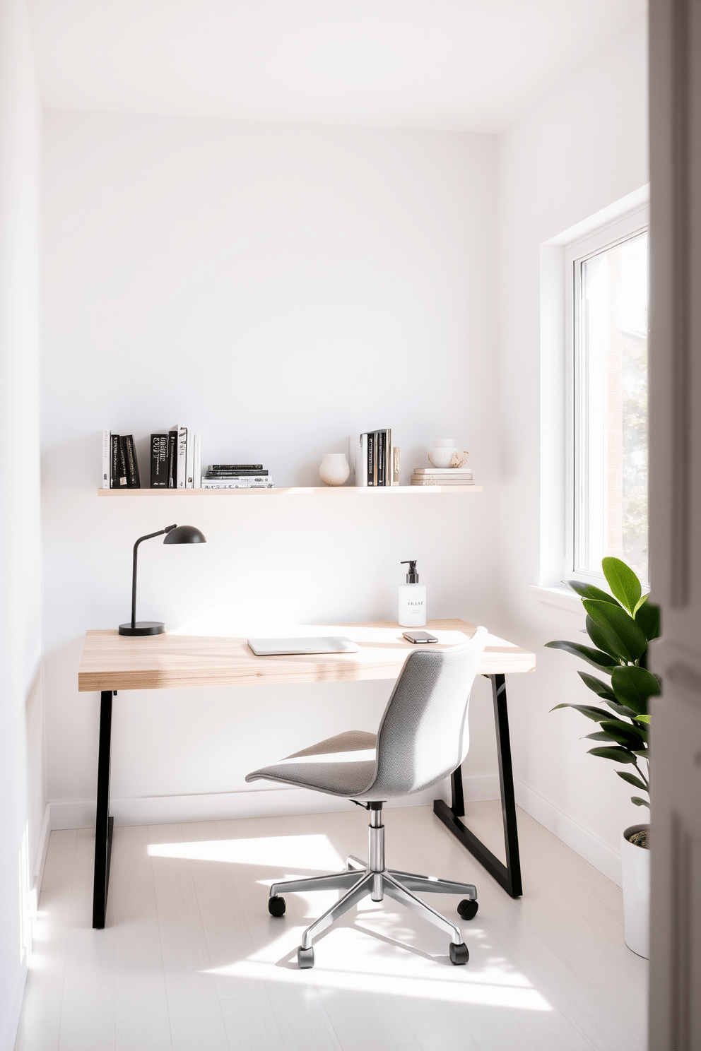 A modern minimalist desk is positioned in a bright home study, bathed in natural light from a large window. The desk features clean lines and a light wood finish, complemented by a sleek, ergonomic chair in a soft fabric. On the wall behind the desk, a floating shelf displays a curated selection of books and decorative items, adding a personal touch to the space. The room is painted in a soft white, enhancing the airy feel, while a potted plant in the corner introduces a touch of greenery.