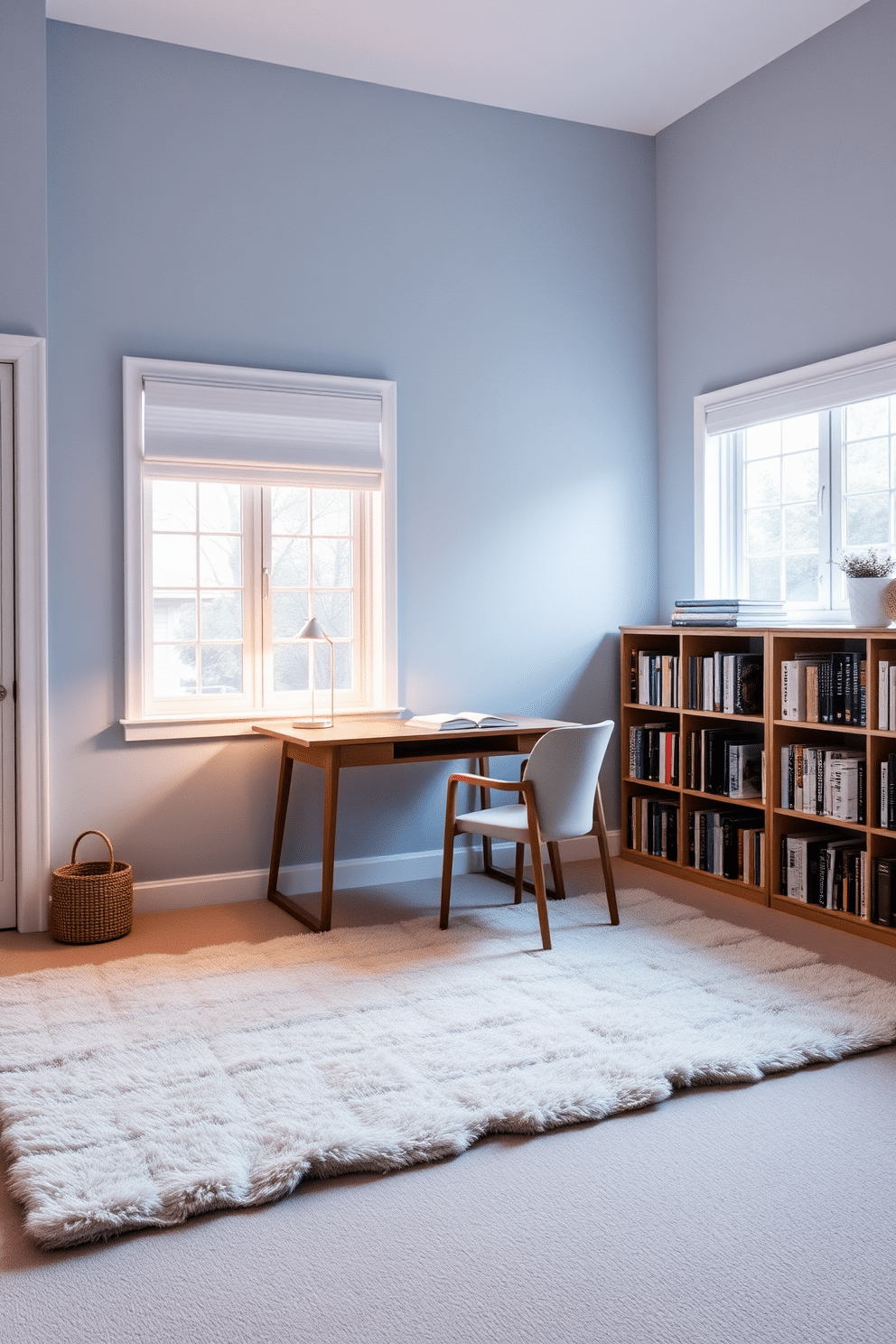 A tranquil home study room bathed in soft, ambient lighting creates a calming atmosphere. The walls are painted in a soothing light blue, complemented by a plush area rug in neutral tones. A sleek wooden desk sits against a window, adorned with a minimalist lamp that casts a warm glow. Bookshelves filled with neatly arranged books line the opposite wall, adding both functionality and style to the space.