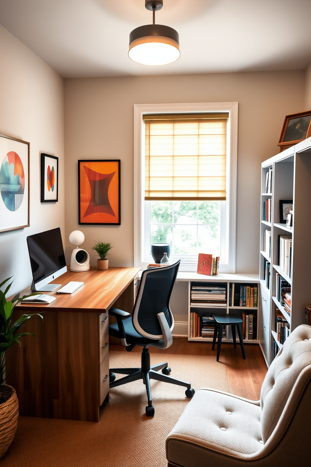 A serene home study room designed to inspire creativity. The space features a large wooden desk positioned near a window, allowing natural light to flood in, complemented by a comfortable ergonomic chair. On the walls, personalized artwork in vibrant colors adds a touch of personality, while a sleek bookshelf filled with books and decorative items provides both function and style. A cozy reading nook with a plush armchair and a small side table enhances the inviting atmosphere, making it the perfect spot for reflection and inspiration.