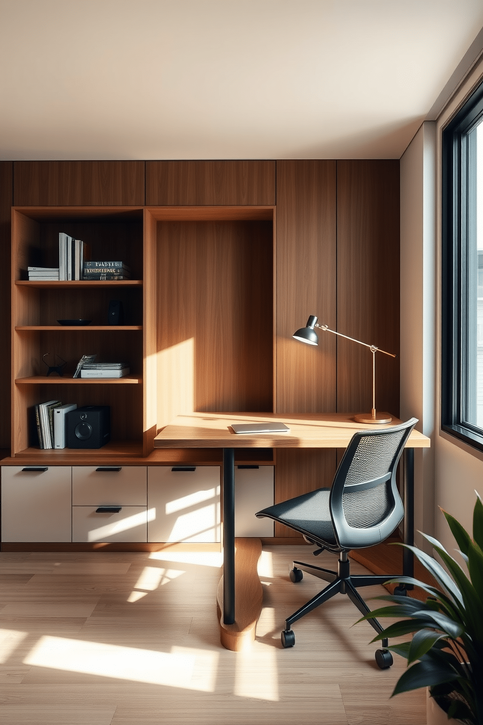 A sleek, modern home office featuring a compact desk that doubles as a dining table, with built-in shelves for storage. The room is brightened by large windows, and a comfortable chair with a minimalist design complements the space. A cozy study area designed for productivity, showcasing a wall-mounted desk and an ergonomic chair that can be tucked away when not in use. Soft lighting from a stylish lamp enhances the warm color palette, creating an inviting atmosphere for focused work.