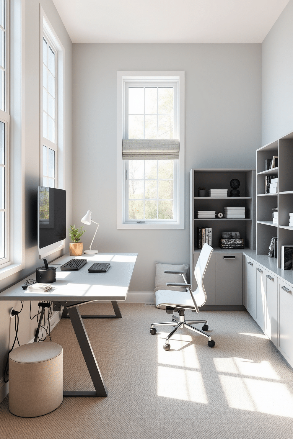 A tech-friendly home study room featuring a sleek, modern desk with built-in cable management solutions that keep wires organized and out of sight. The room is illuminated by natural light streaming through large windows, complemented by a soft, ergonomic chair and minimalist shelving for books and decor. The walls are painted in a calming light gray, creating a serene atmosphere conducive to productivity. Accent pieces include a stylish desk lamp and a small indoor plant, adding a touch of greenery to the space.